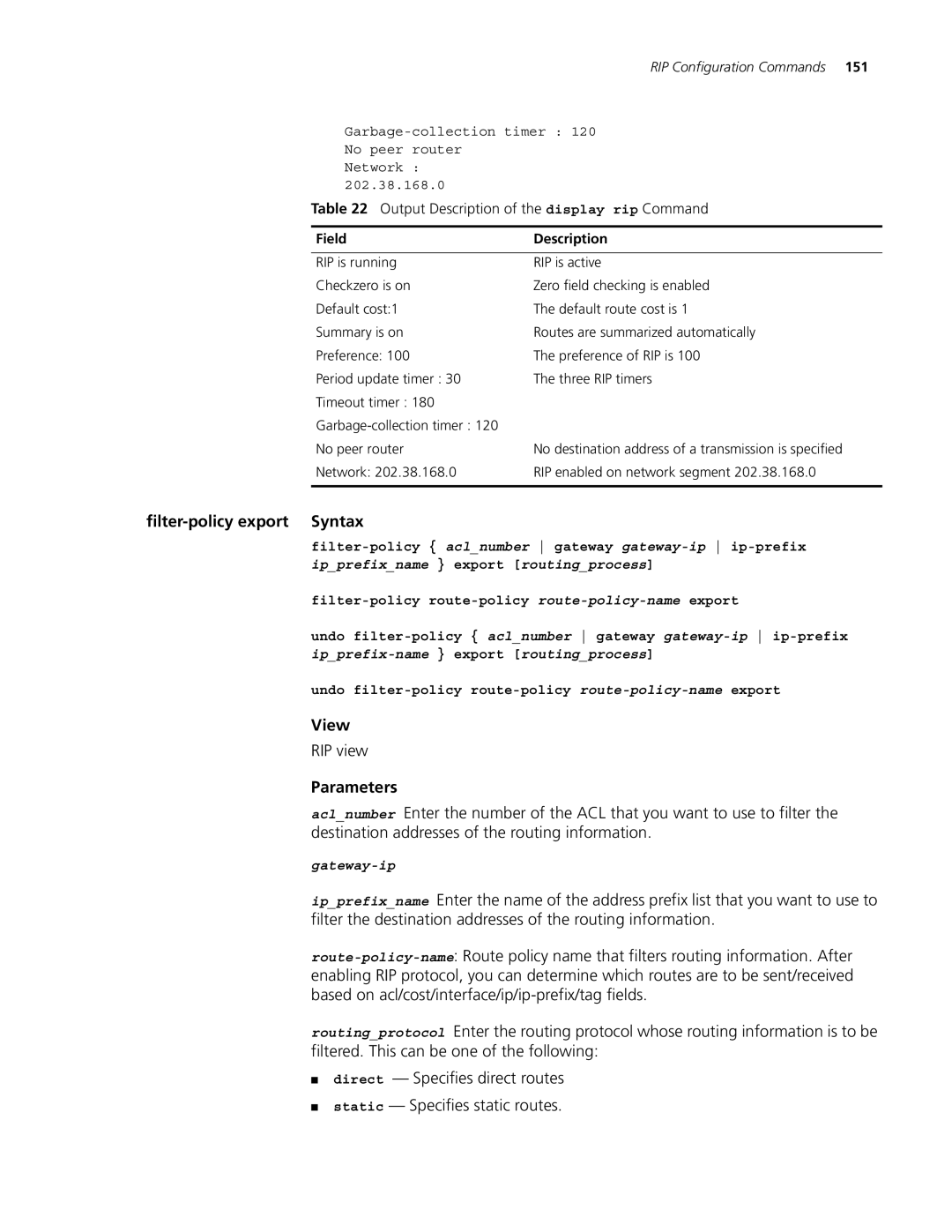 3Com 4500 PWR 26-PORT, 4500 PWR 50-PORT manual Filter-policy export Syntax, Output Description of the display rip Command 