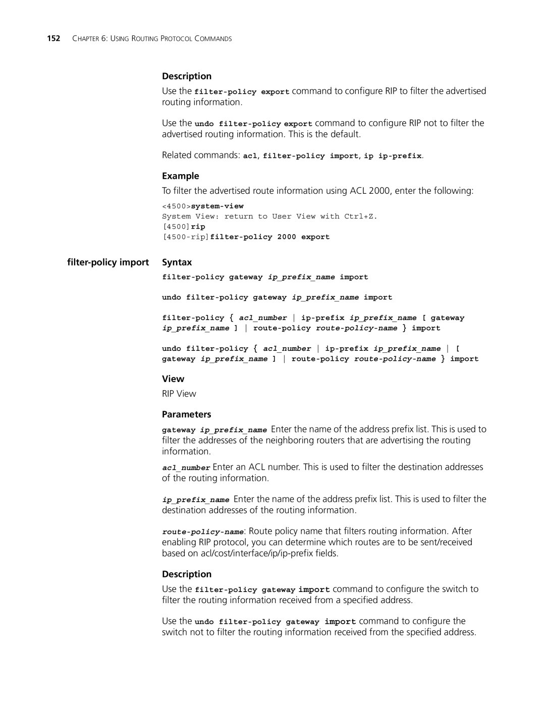 3Com 4500 50-PORT, 4500 PWR 50-PORT Filter-policy import Syntax, Related commands acl, filter-policy import, ip ip-prefix 