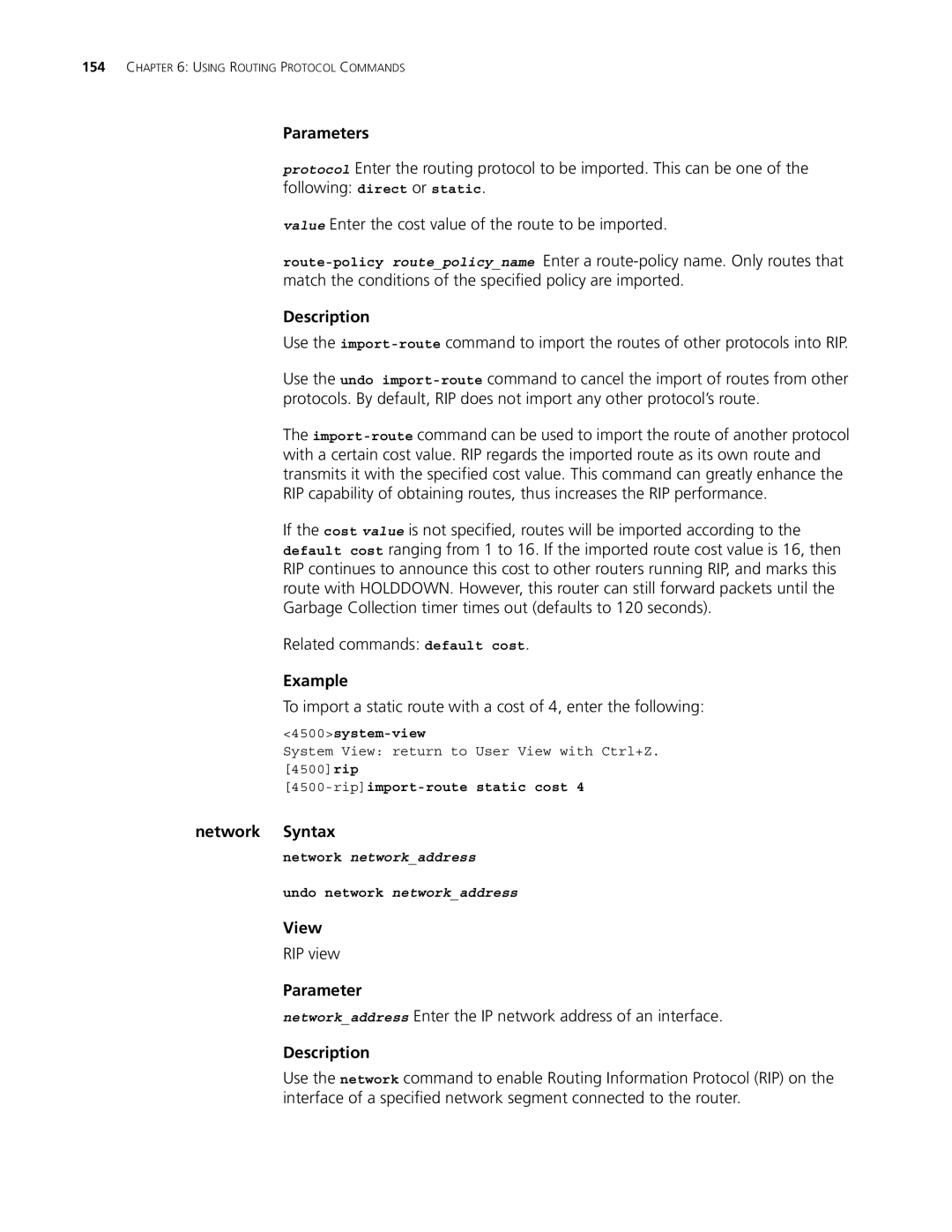 3Com 4500 PWR 50-PORT, 4500 PWR 26-PORT manual Related commands default cost, Network Syntax, Ripimport-route static cost 