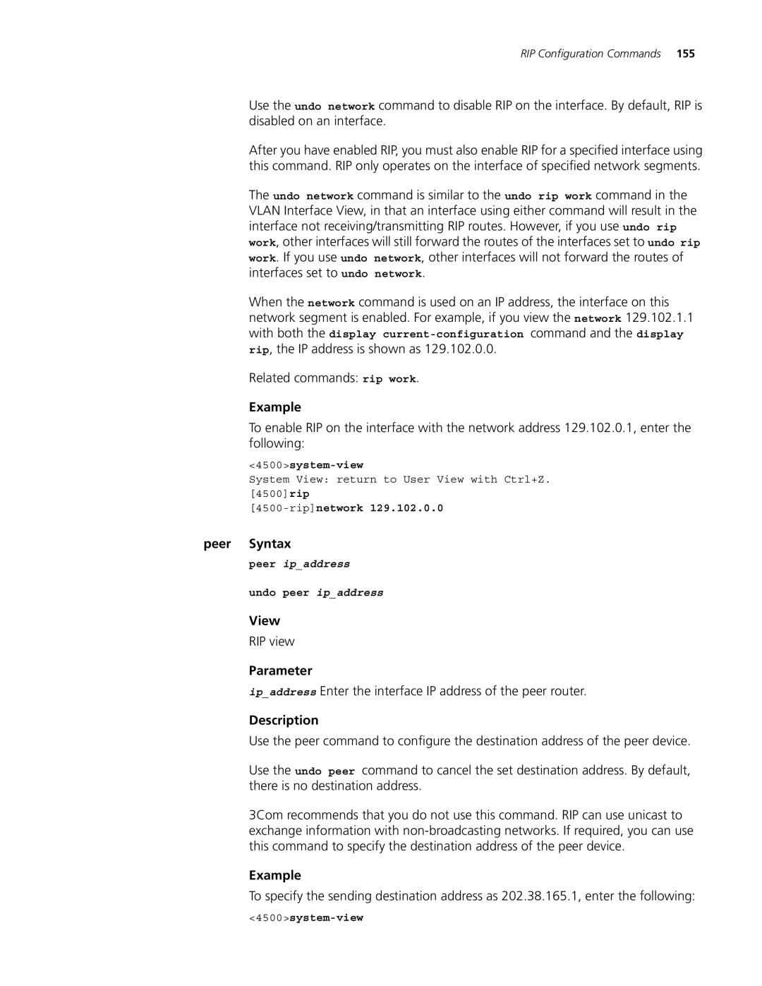 3Com 4500 PWR 26-PORT, 4500 50-PORT Peer Syntax, Ipaddress Enter the interface IP address of the peer router, Ripnetwork 