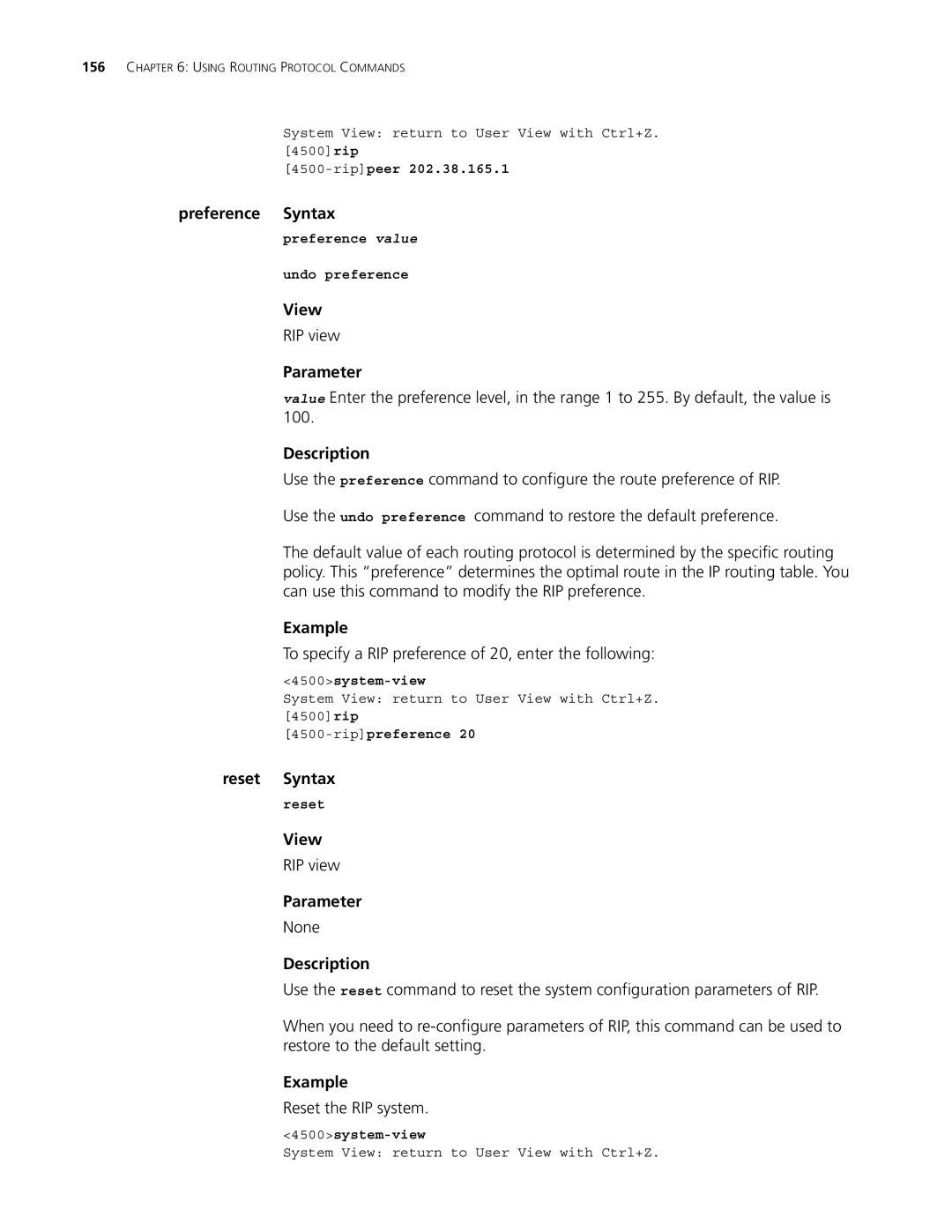 3Com 4500 50-PORT, 4500 26-PORT Preference Syntax, To specify a RIP preference of 20, enter the following, Reset Syntax 