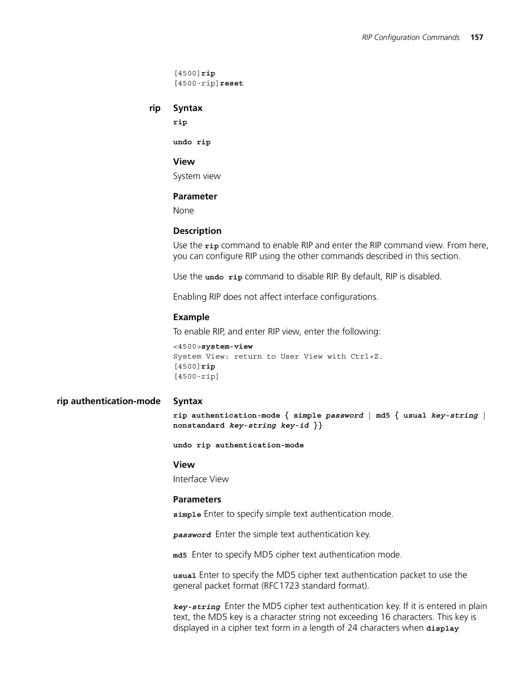 3Com 4500 26-PORT manual Rip Syntax, To enable RIP, and enter RIP view, enter the following, Rip authentication-mode Syntax 