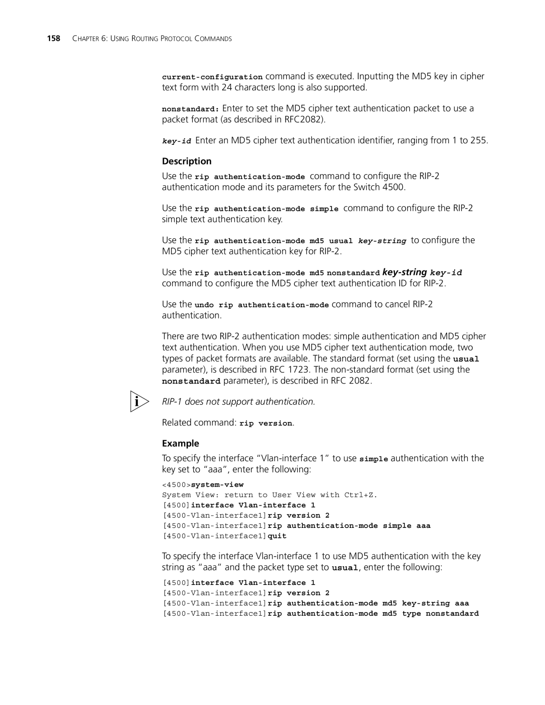 3Com 4500 PWR 50-PORT, 4500 PWR 26-PORT manual MD5 cipher text authentication key for RIP-2, Related command rip version 