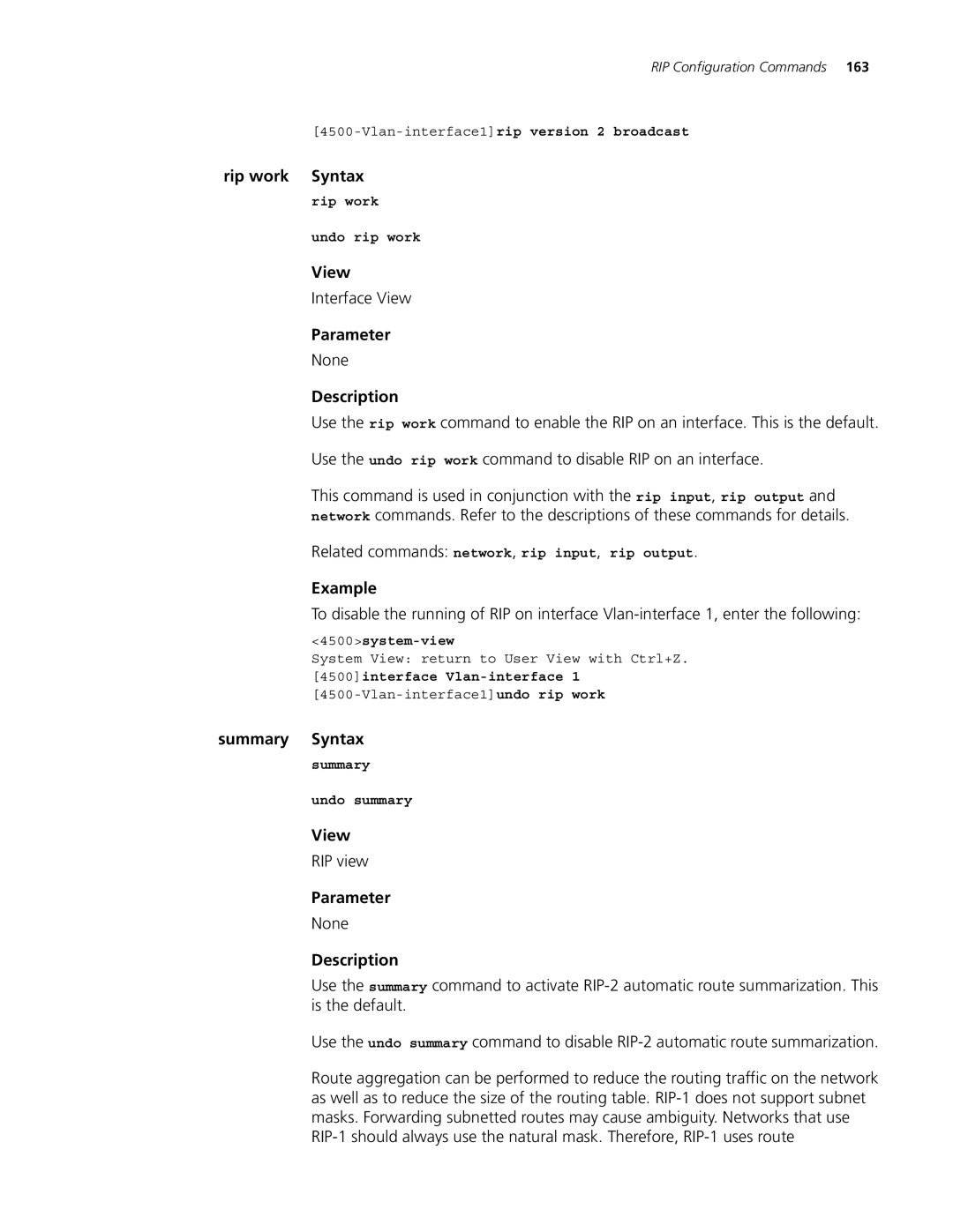 3Com 4500 PWR 26-PORT, 4500 PWR 50-PORT, 4500 50-PORT, 4500 26-PORT manual Rip work Syntax, Summary Syntax 