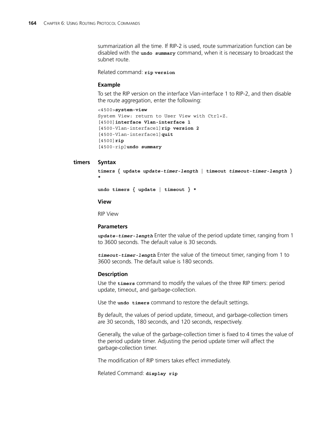 3Com 4500 50-PORT, 4500 PWR 50-PORT, 4500 PWR 26-PORT manual Timers Syntax, Ripundo summary, Undo timers update timeout 