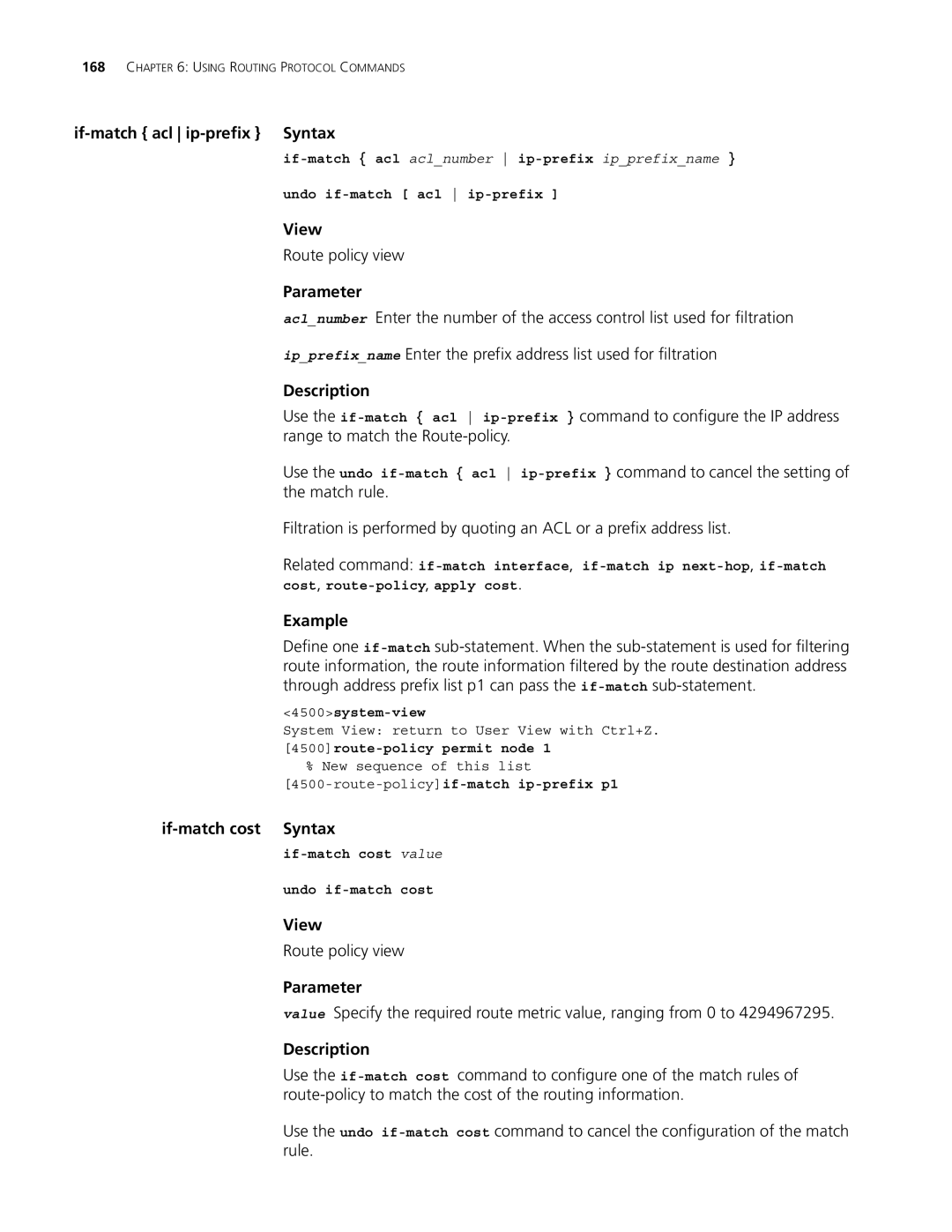 3Com 4500 50-PORT, 4500 PWR 50-PORT, 4500 26-PORT If-match acl ip-prefix Syntax, Route policy view, If-match cost Syntax 