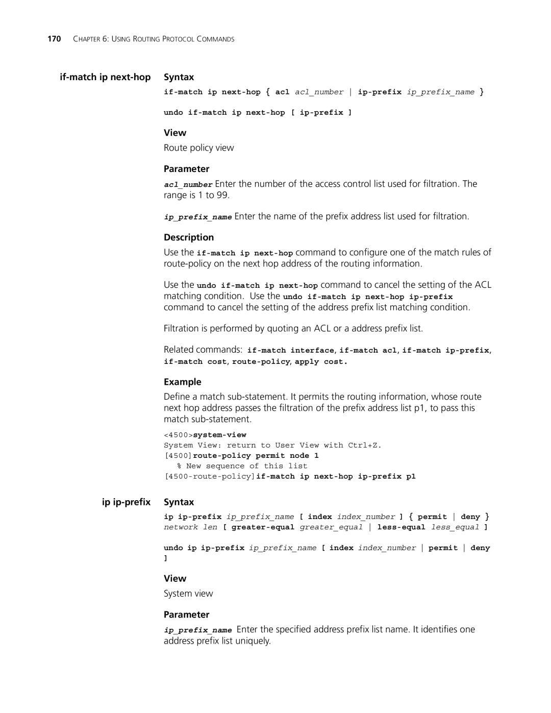 3Com 4500 PWR 50-PORT If-match ip next-hop Syntax, Ip ip-prefix Syntax, Route-policyif-match ip next-hop ip-prefix p1 