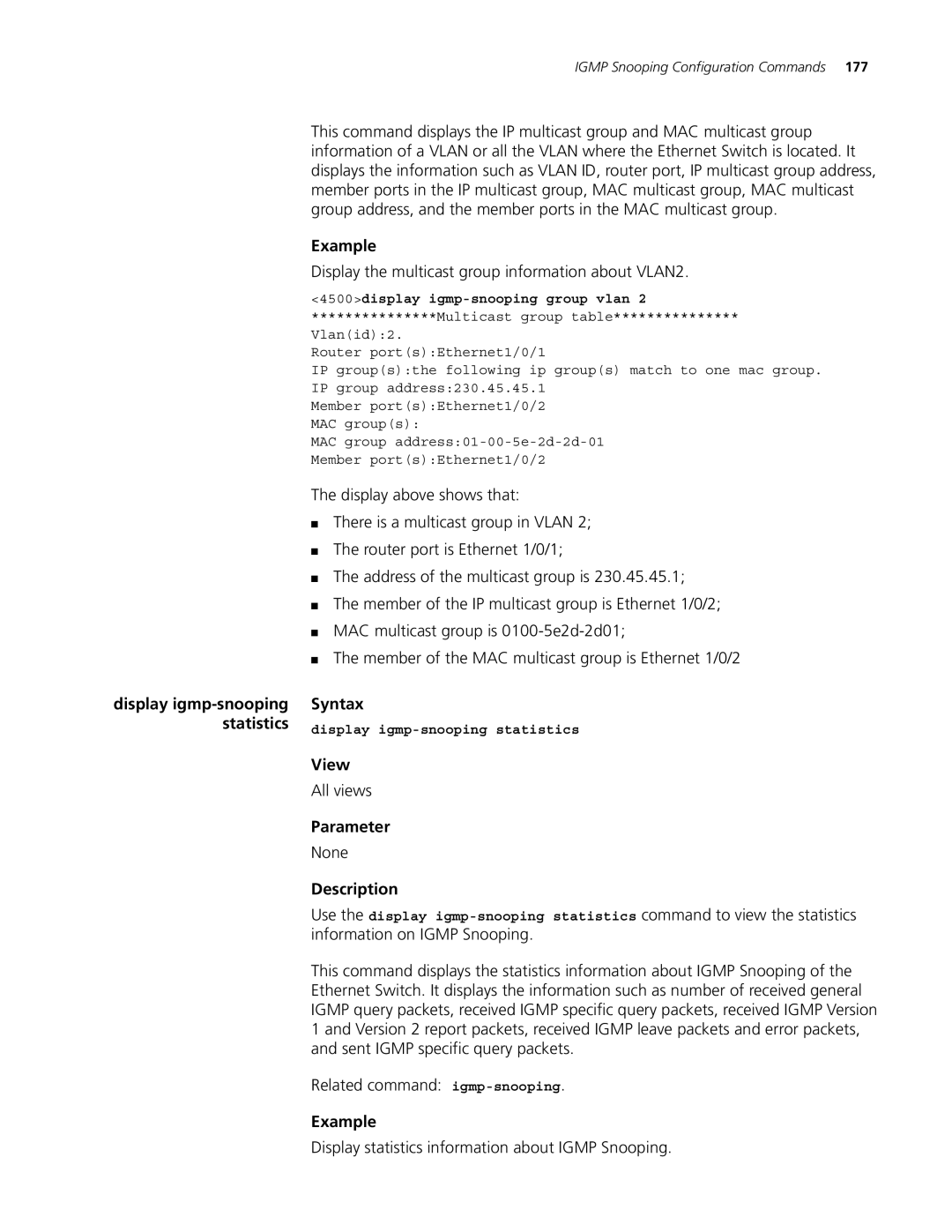 3Com 4500 26-PORT Display the multicast group information about VLAN2, Display statistics information about Igmp Snooping 