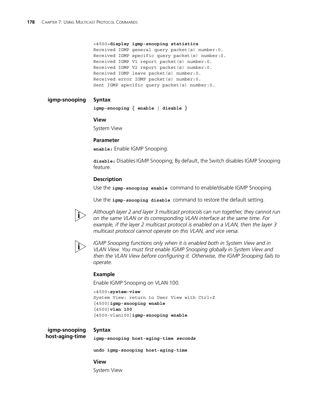 3Com 4500 PWR 50-PORT, 4500 PWR 26-PORT Igmp-snooping Syntax, Enable Igmp Snooping on Vlan, Igmp-snooping enable disable 