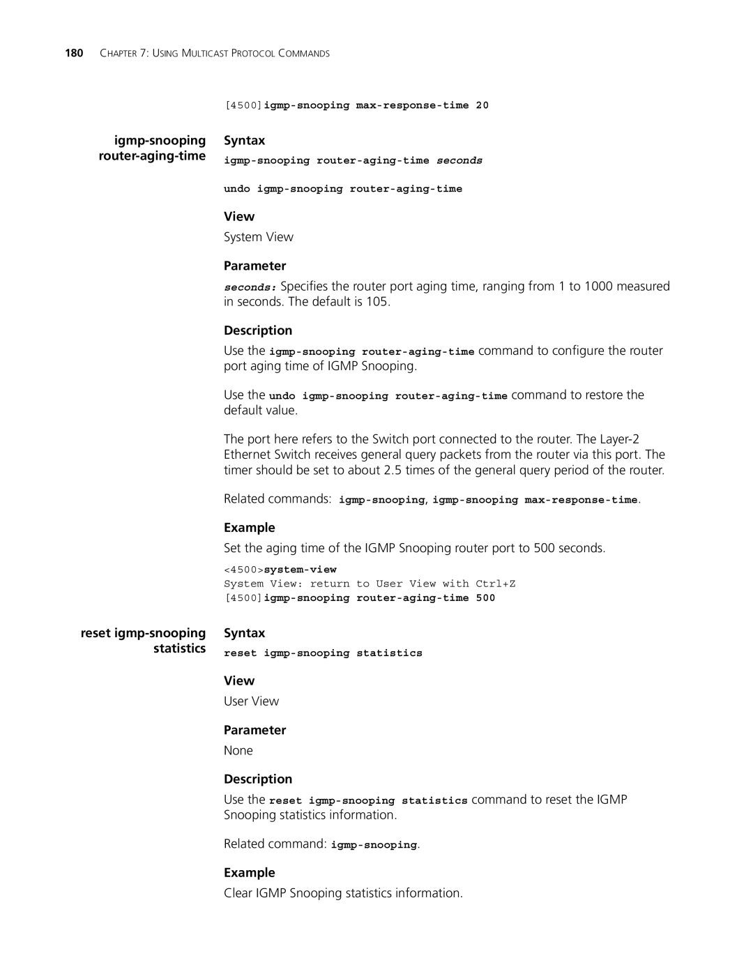 3Com 4500 50-PORT, 4500 PWR 50-PORT manual Clear Igmp Snooping statistics information, 4500igmp-snooping max-response-time 