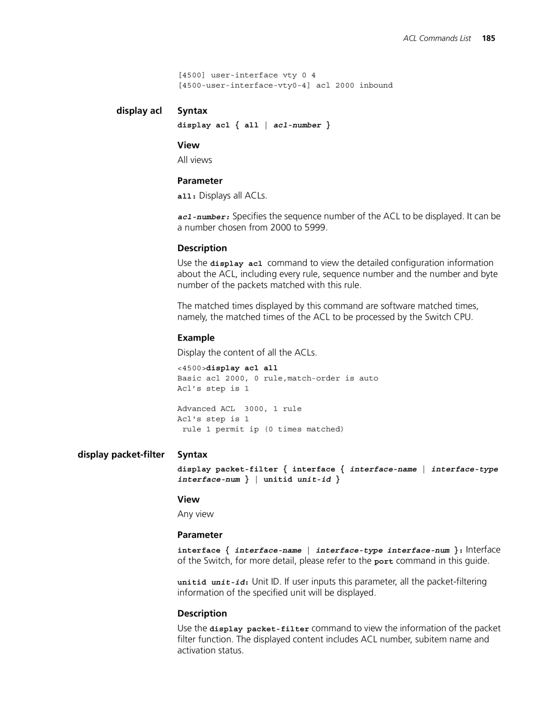 3Com 4500 26-PORT Display acl Syntax, All Displays all ACLs, Number chosen from 2000 to, Display packet-filter Syntax 