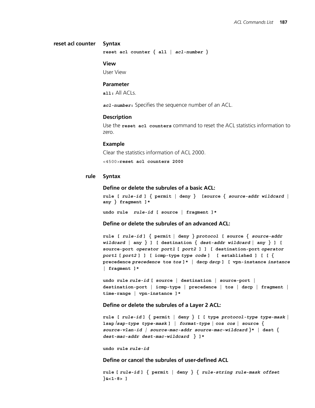 3Com 4500 PWR 26-PORT, 4500 PWR 50-PORT Reset acl counter Syntax, Rule Syntax Define or delete the subrules of a basic ACL 