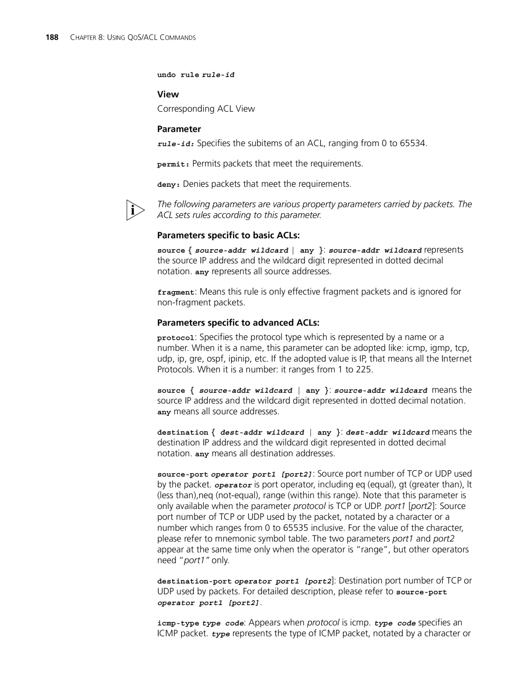 3Com 4500 50-PORT manual Corresponding ACL View, Parameters specific to basic ACLs, Parameters specific to advanced ACLs 