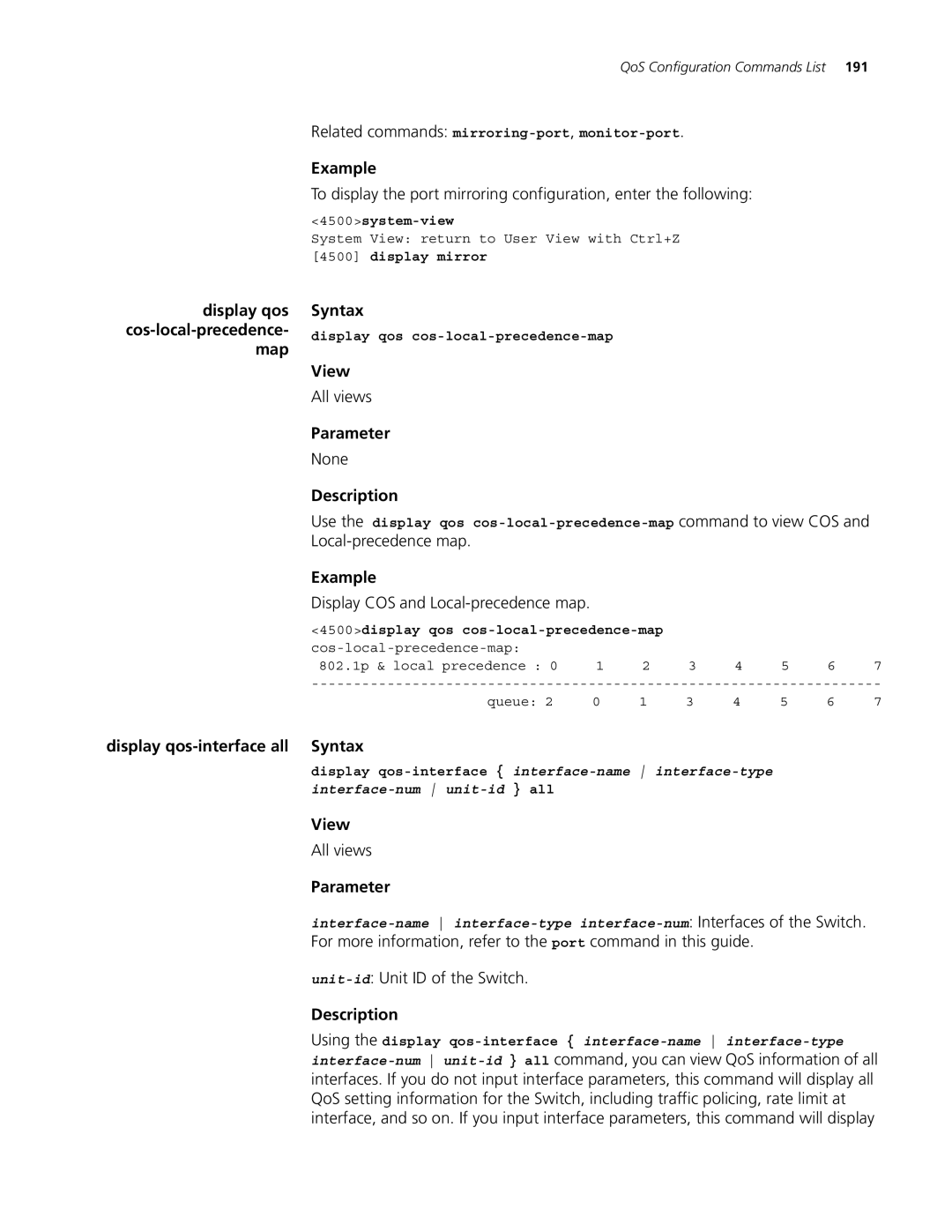 3Com 4500 PWR 26-PORT, 4500 PWR 50-PORT manual Display COS and Local-precedence map, Display qos-interface all Syntax 