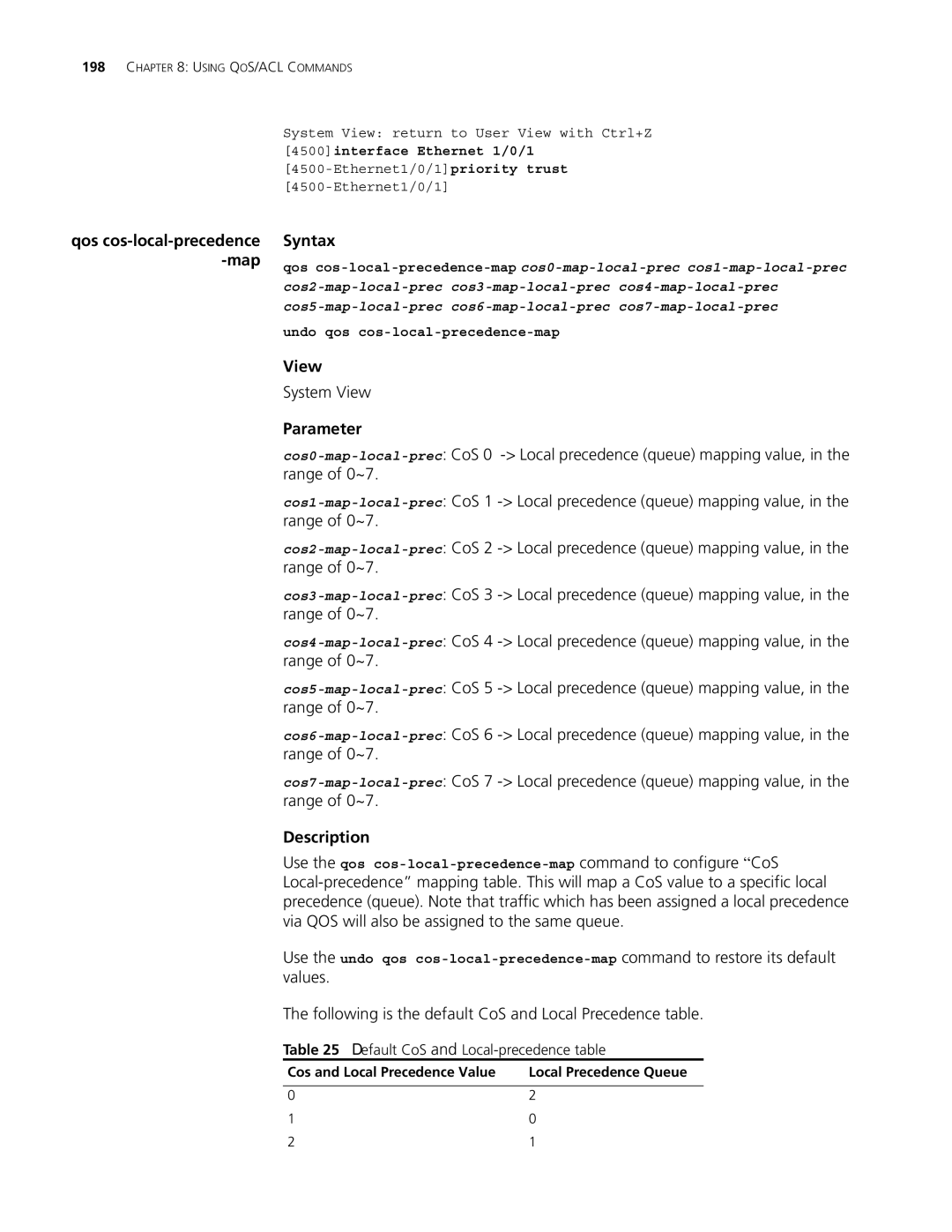 3Com 4500 PWR 50-PORT Following is the default CoS and Local Precedence table, Default CoS and Local-precedence table 