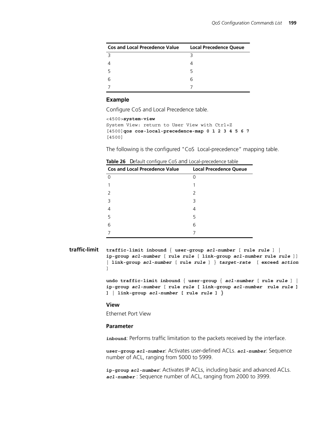 3Com 4500 PWR 26-PORT manual Configure CoS and Local Precedence table, 4500qos cos-local-precedence-map 0 1 2 3 4 5 6 