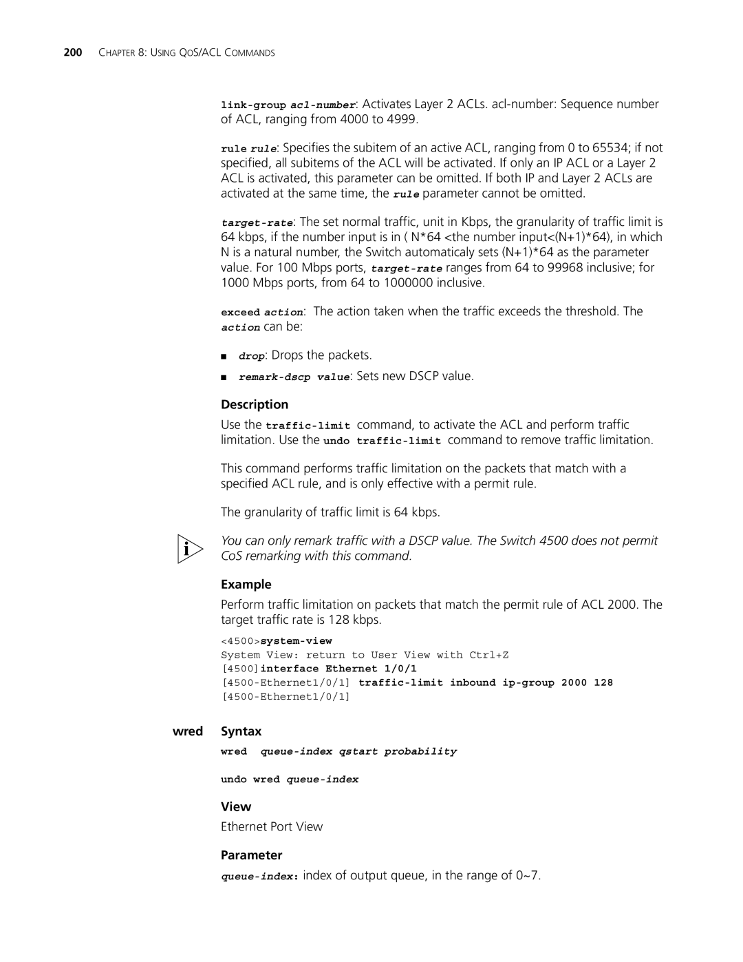 3Com 4500 50-PORT, 4500 PWR 50-PORT, 4500 PWR 26-PORT Wred Syntax, Queue-indexindex of output queue, in the range of 0~7 