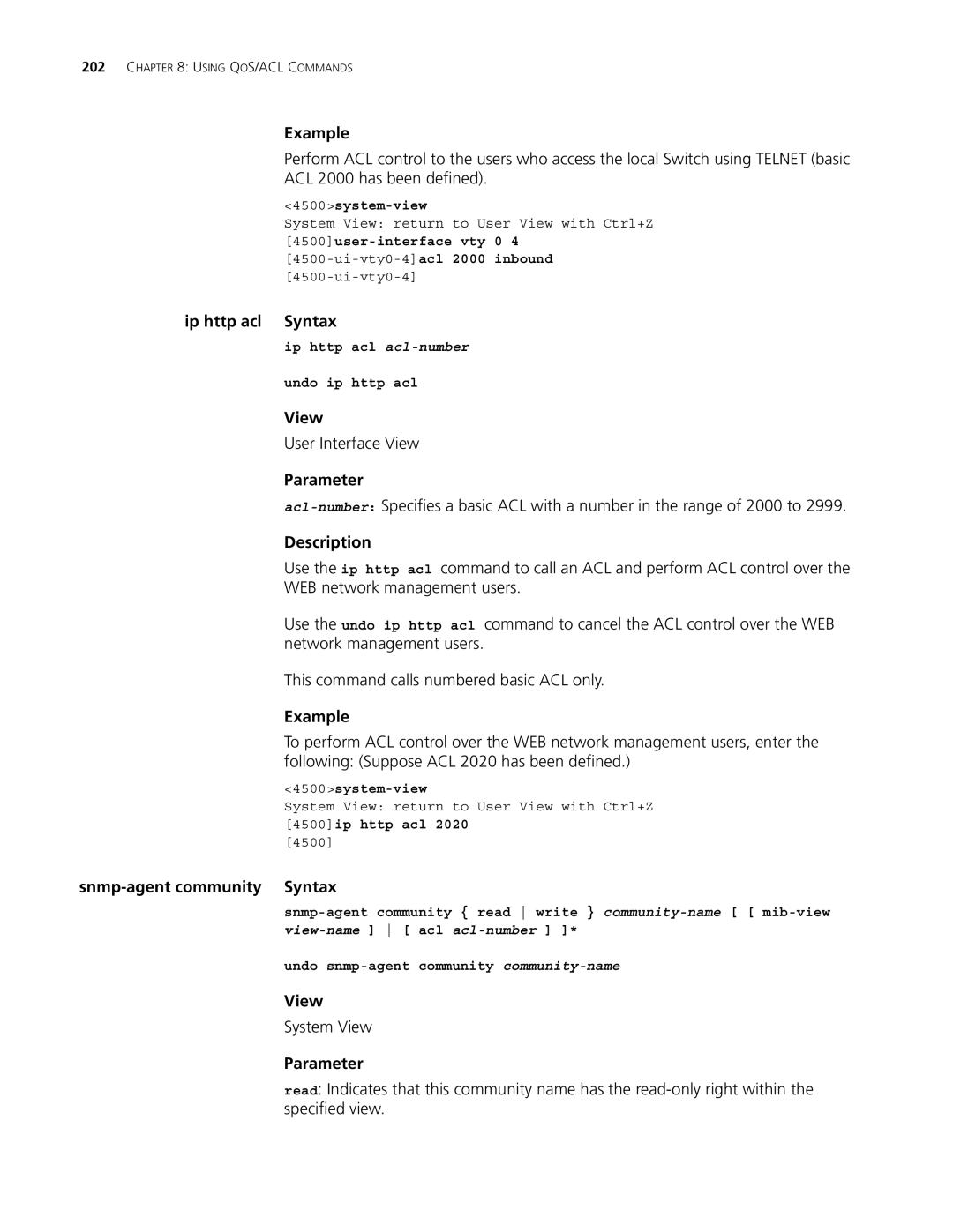 3Com 4500 PWR 50-PORT manual Ip http acl Syntax, Snmp-agent community Syntax, Ip http acl acl-number Undo ip http acl 