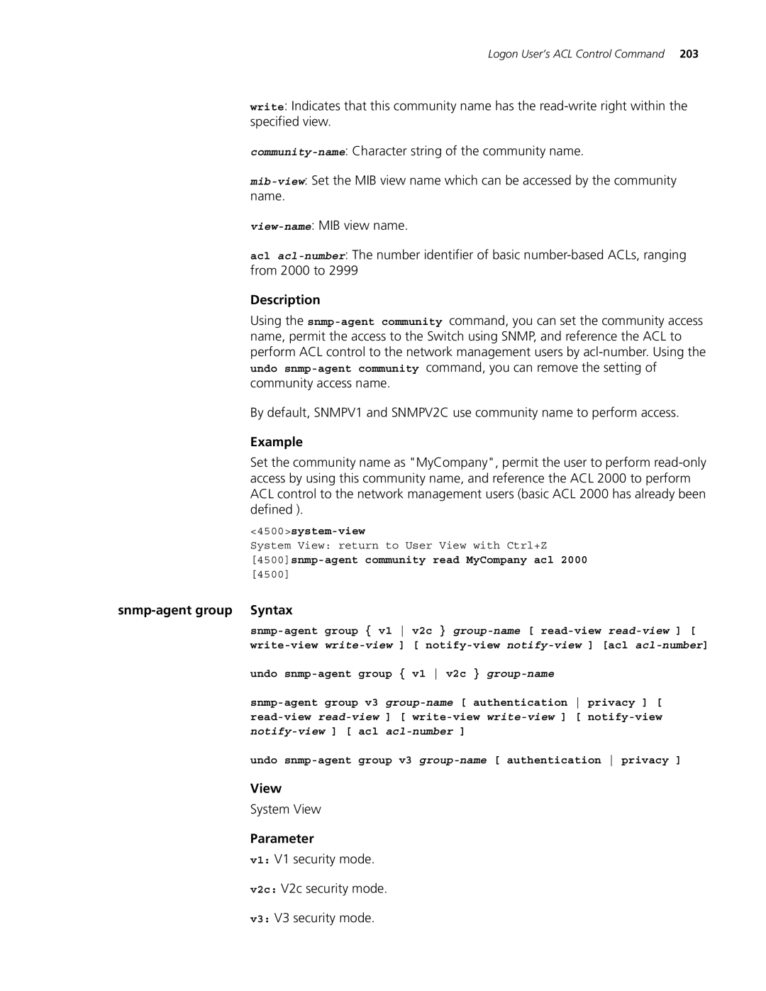 3Com 4500 PWR 26-PORT, 4500 PWR 50-PORT, 4500 50-PORT Snmp-agent group Syntax, 4500snmp-agent community read MyCompany acl 