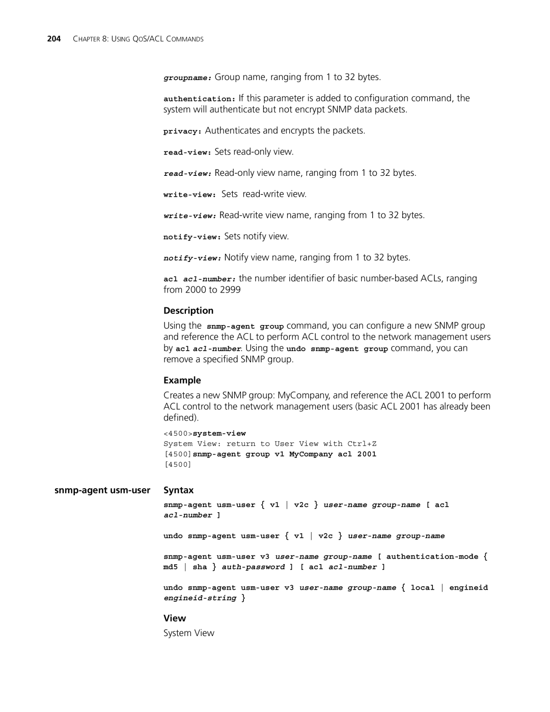 3Com 4500 50-PORT, 4500 PWR 50-PORT, 4500 PWR 26-PORT Snmp-agent usm-user Syntax, 4500snmp-agent group v1 MyCompany acl 