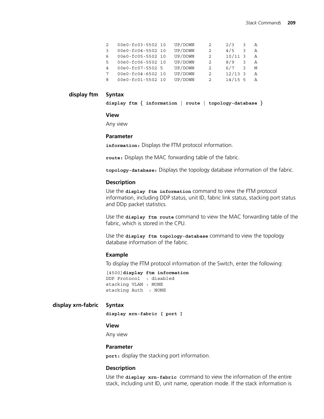 3Com 4500 26-PORT, 4500 50-PORT Display ftm Syntax, Display xrn-fabric Syntax, Port display the stacking port information 