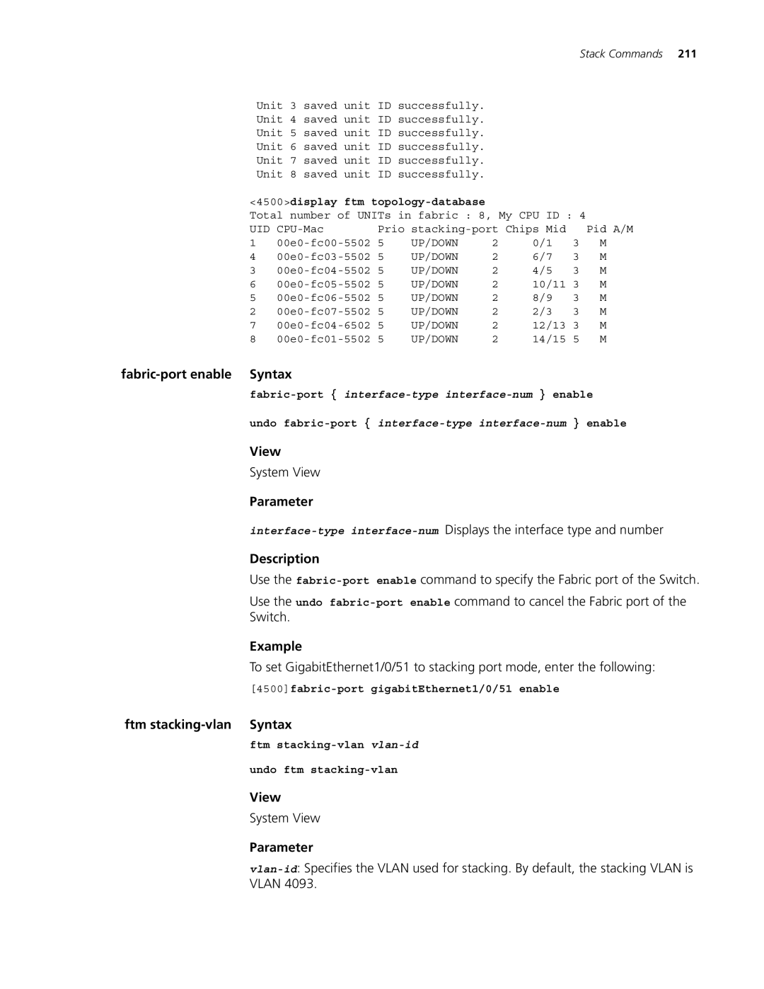 3Com 4500 PWR 26-PORT Fabric-port enable Syntax, Ftm stacking-vlan Syntax, 4500fabric-port gigabitEthernet1/0/51 enable 