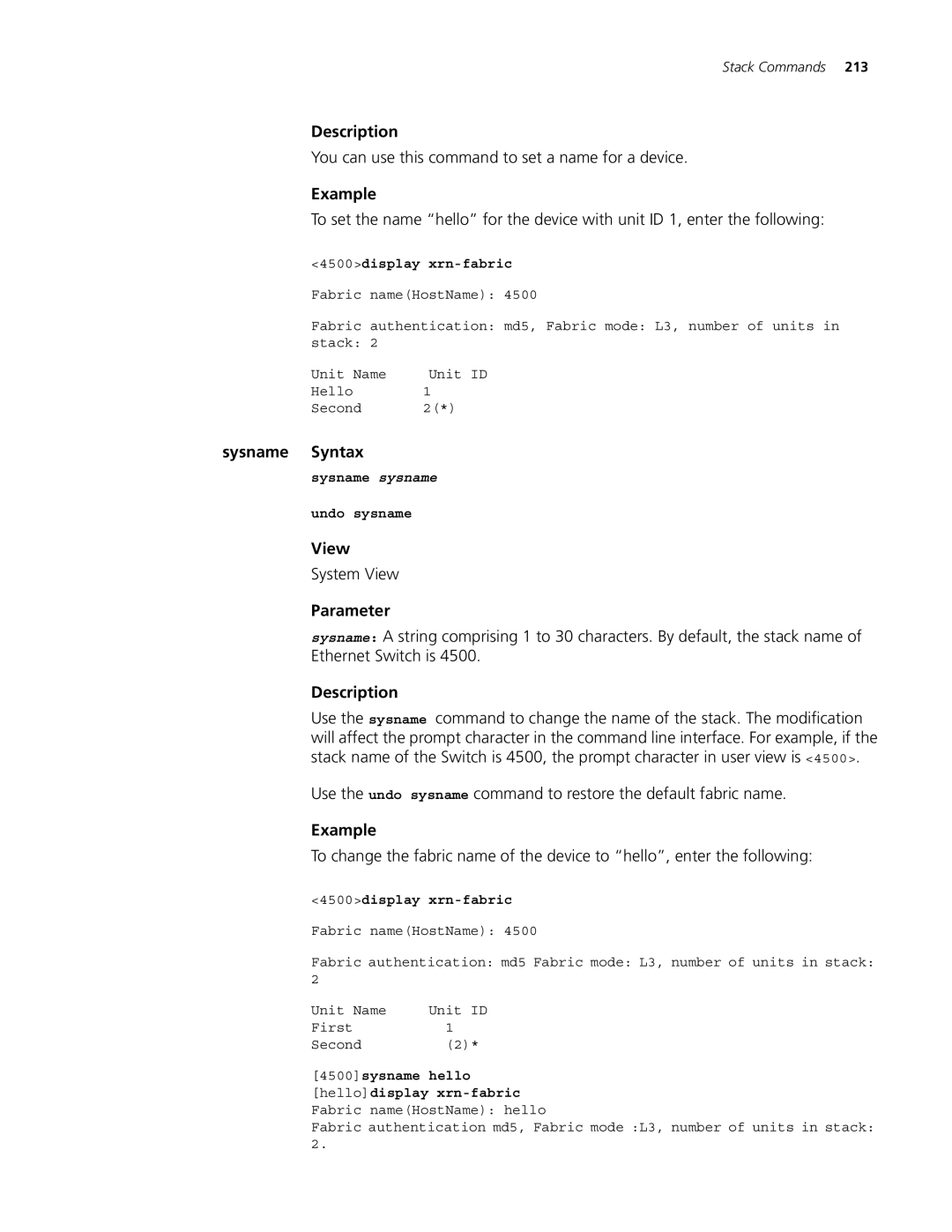 3Com 4500 26-PORT, 4500 PWR 50-PORT manual You can use this command to set a name for a device, Sysname sysname Undo sysname 