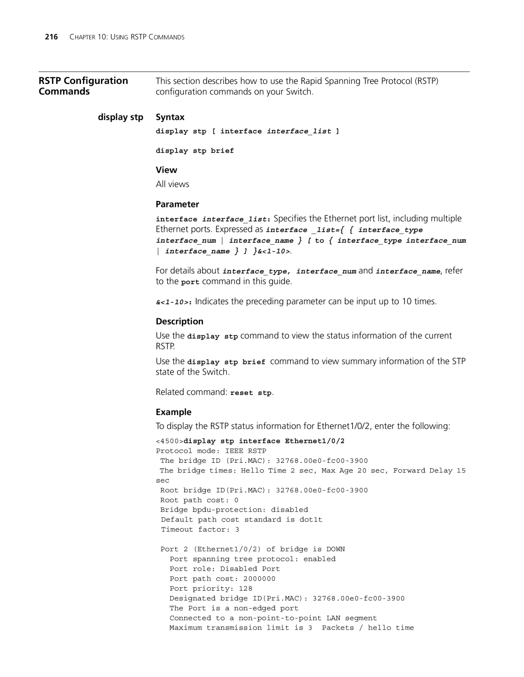 3Com 4500 50-PORT manual Configuration commands on your Switch, Display stp Syntax, To the port command in this guide 