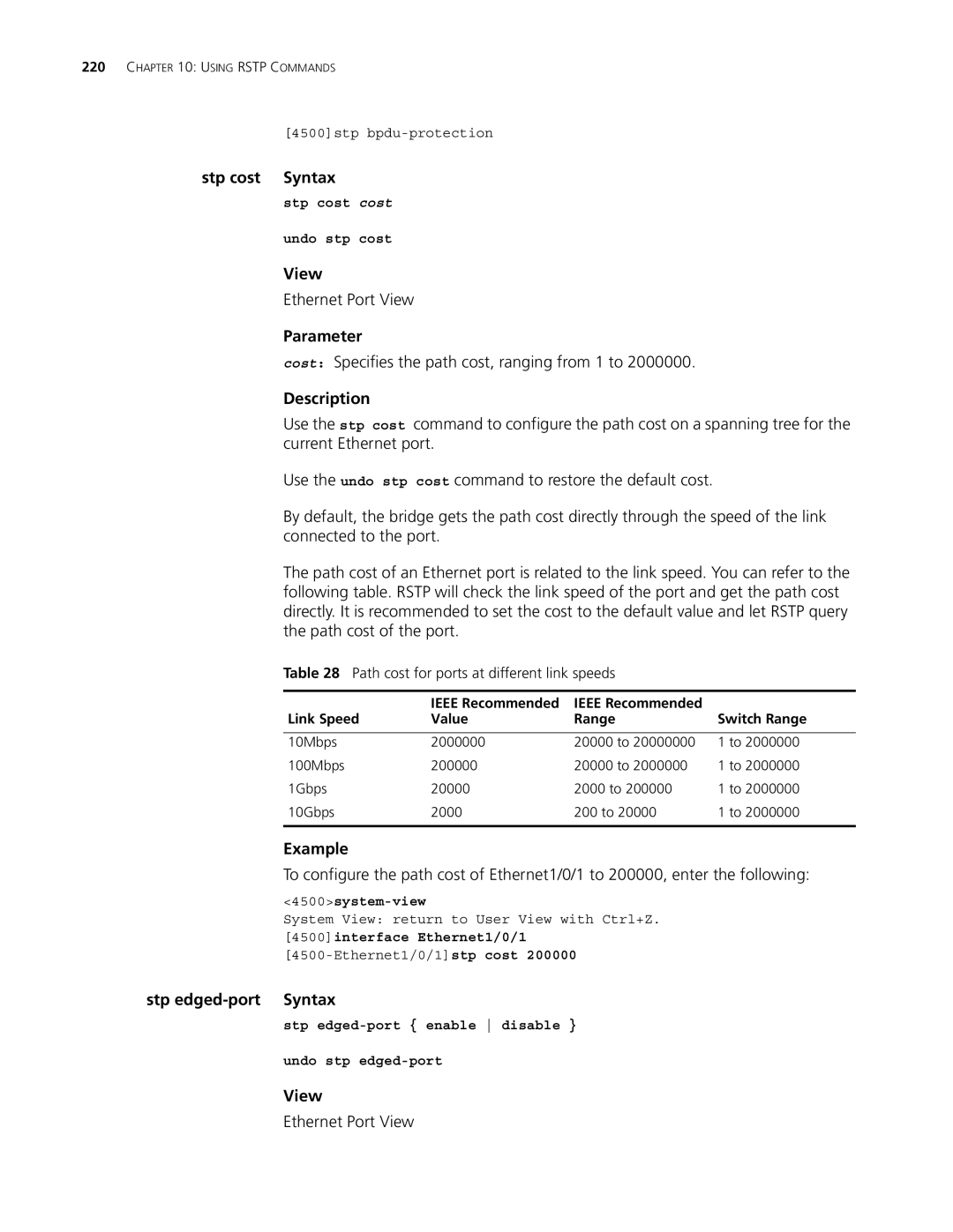 3Com 4500 50-PORT, 4500 26-PORT Stp cost Syntax, Cost Specifies the path cost, ranging from 1 to, Stp edged-port Syntax 