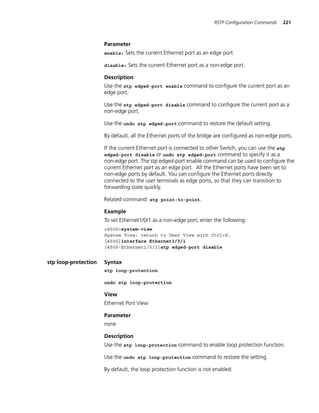 3Com 4500 26-PORT, 4500 PWR 50-PORT, 4500 50-PORT Stp loop-protection Syntax, Stp loop-protection Undo stp loop-protection 