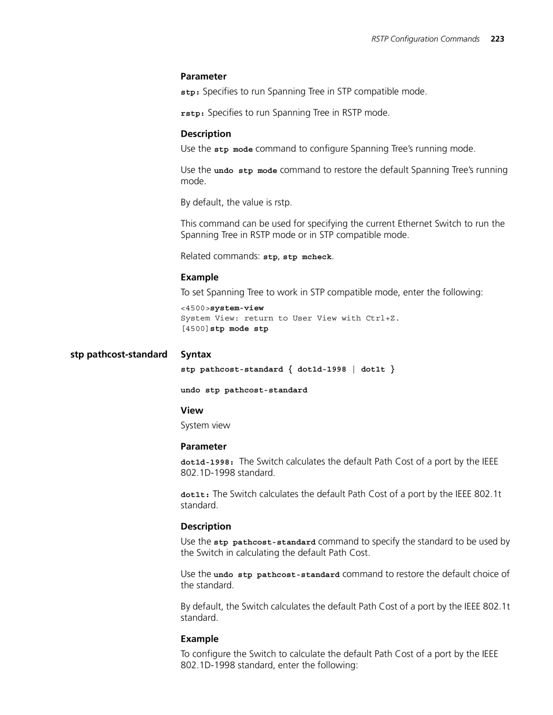 3Com 4500 PWR 26-PORT, 4500 PWR 50-PORT, 4500 50-PORT, 4500 26-PORT manual Stp pathcost-standard Syntax, 4500stp mode stp 