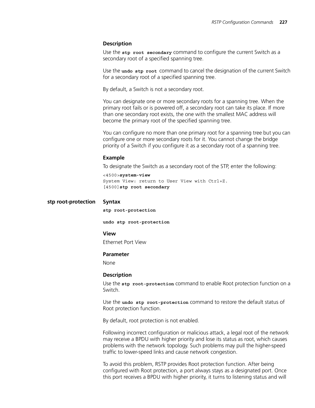 3Com 4500 PWR 26-PORT Stp root-protection Syntax, 4500stp root secondary, Stp root-protection Undo stp root-protection 