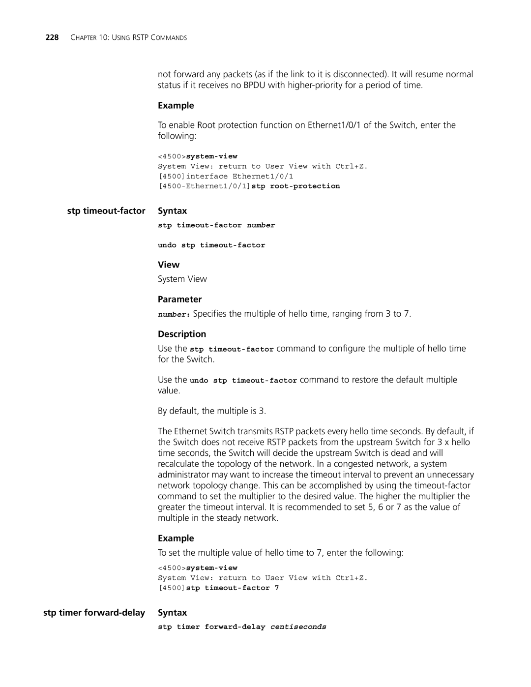 3Com 4500 50-PORT, 4500 PWR 50-PORT manual Stp timeout-factor Syntax, Stp timer forward-delay Syntax, 4500stp timeout-factor 