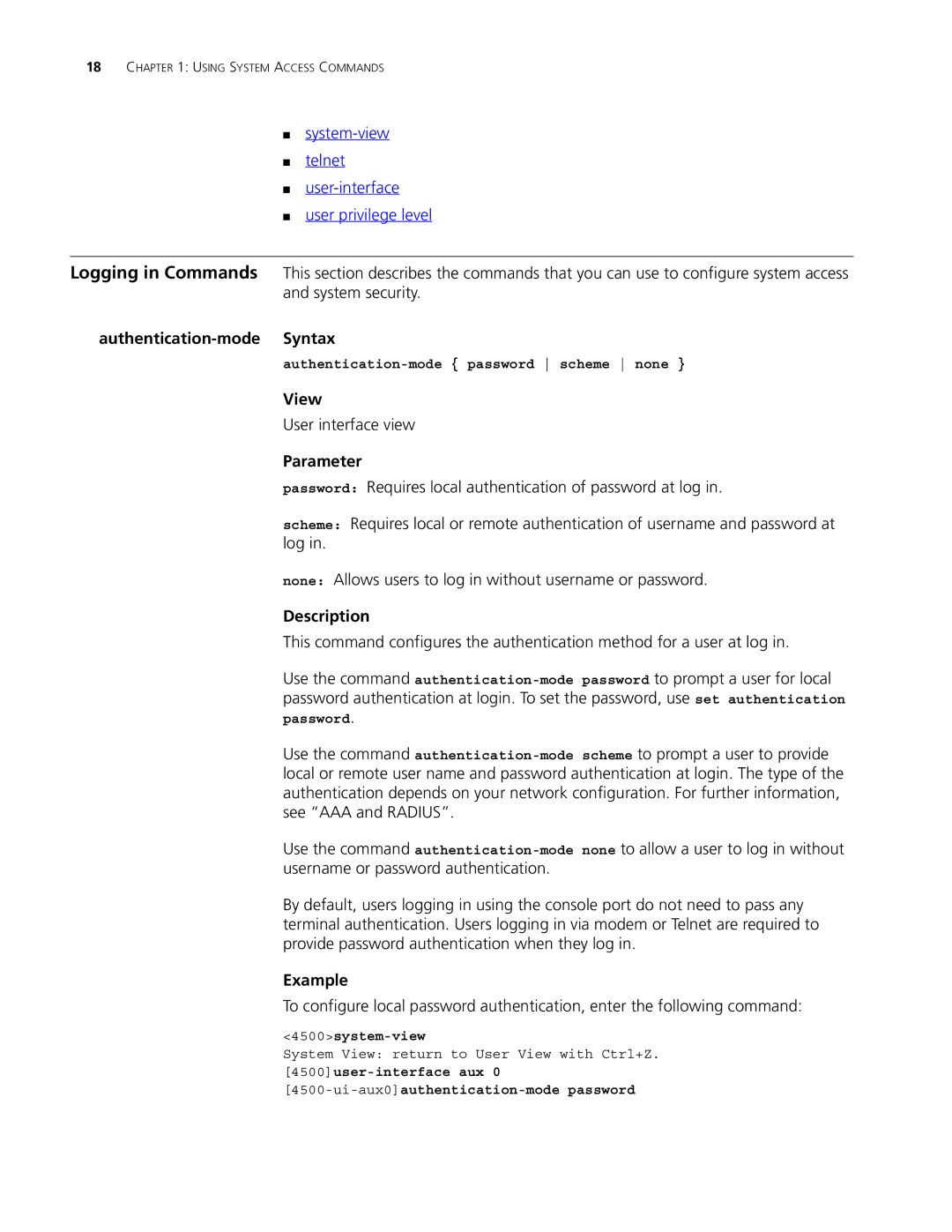 3Com 4500 PWR 50-PORT, 4500 PWR 26-PORT, 4500 50-PORT Authentication-mode Syntax, View, Parameter, Description, Example 