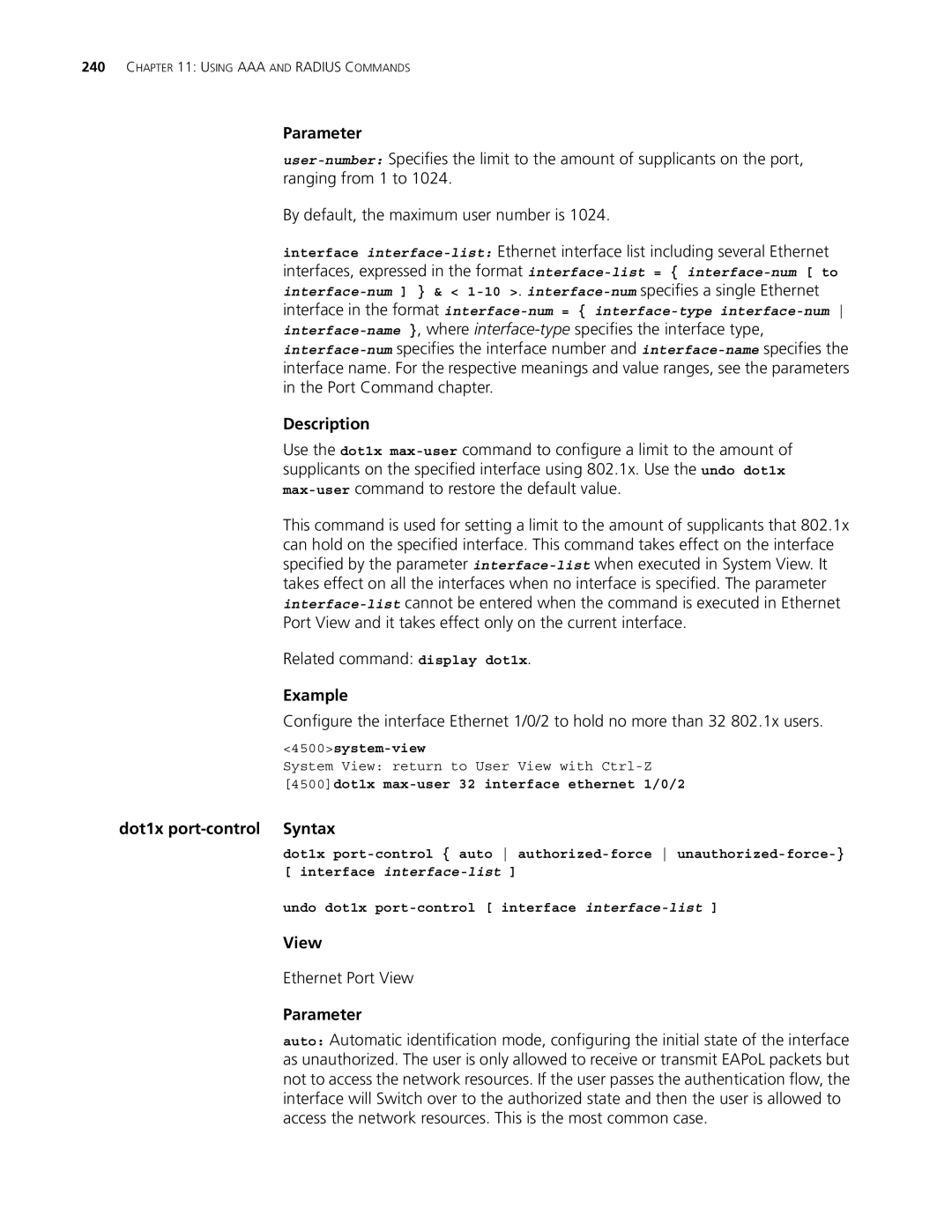 3Com 4500 50-PORT, 4500 PWR 50-PORT, 4500 26-PORT Dot1x port-control Syntax, 4500dot1x max-user 32 interface ethernet 1/0/2 