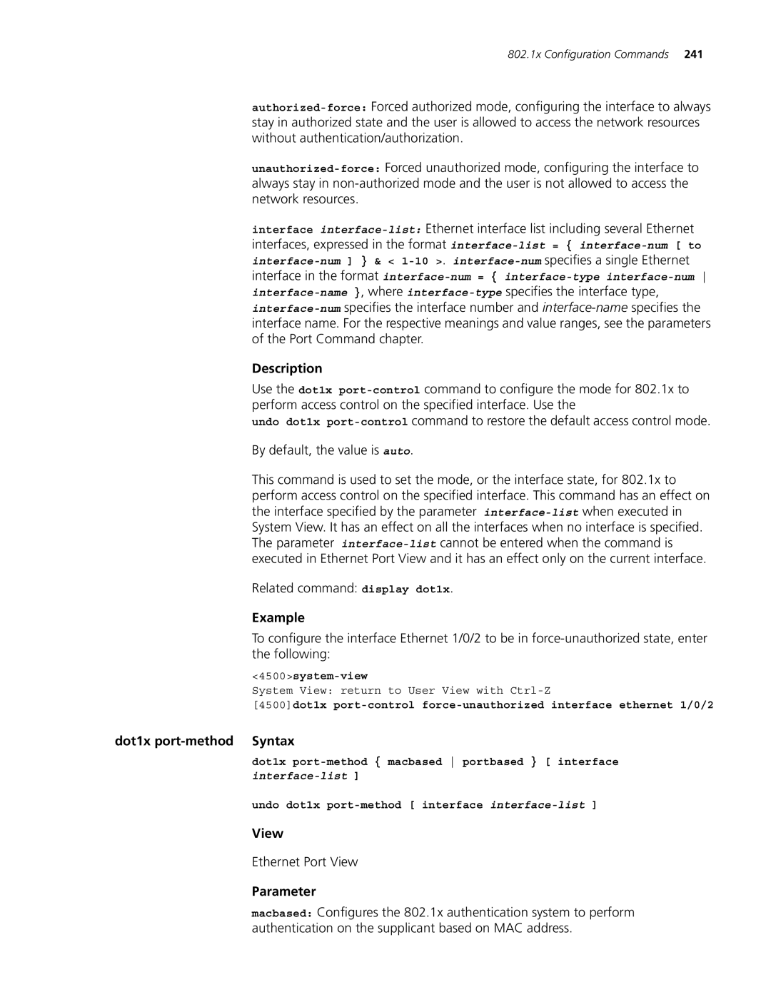 3Com 4500 26-PORT, 4500 PWR 50-PORT, 4500 PWR 26-PORT, 4500 50-PORT manual Dot1x port-method Syntax 