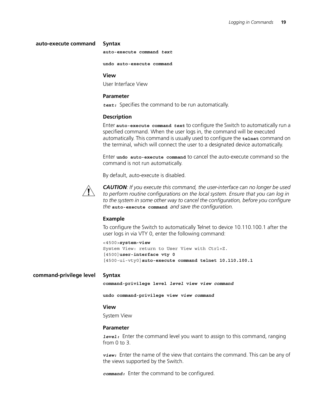 3Com 4500 PWR 26-PORT manual Auto-execute command Syntax, Text Specifies the command to be run automatically, System View 