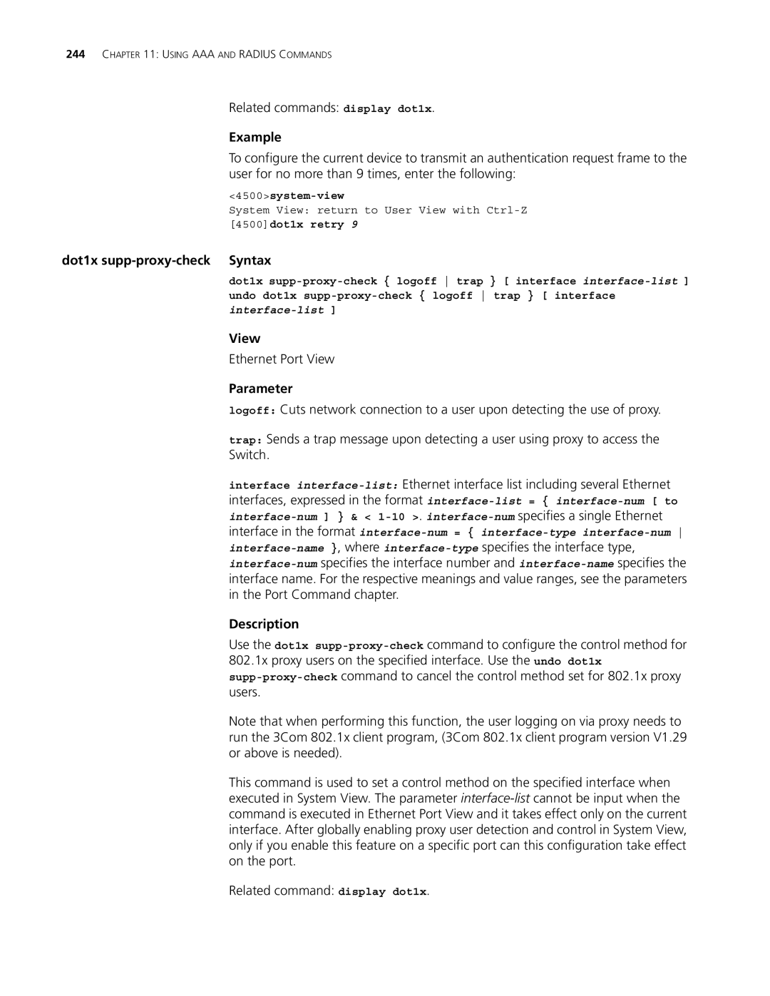 3Com 4500 50-PORT, 4500 PWR 50-PORT, 4500 PWR 26-PORT, 4500 26-PORT manual Dot1x supp-proxy-check Syntax, 4500dot1x retry 