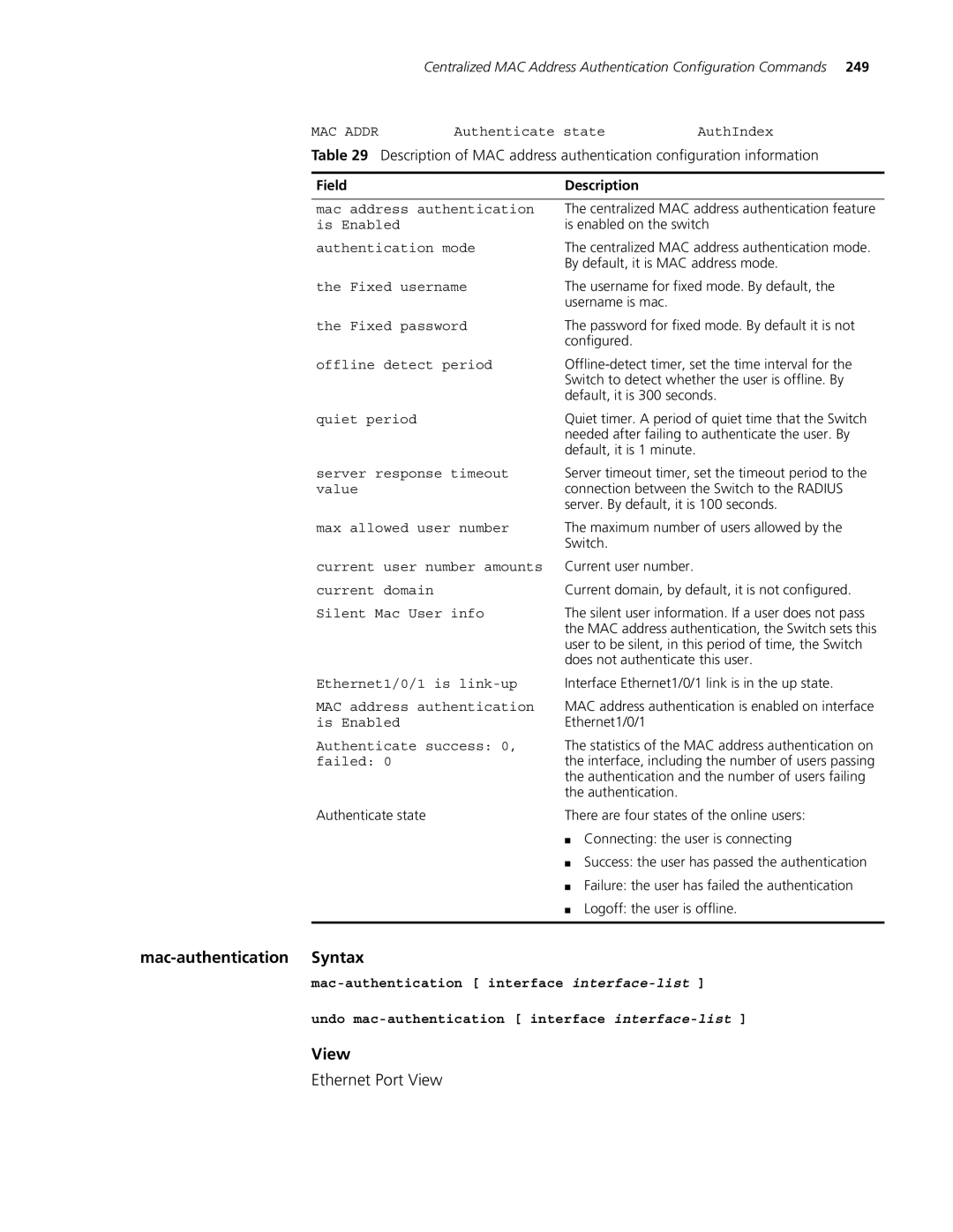 3Com 4500 26-PORT, 4500 PWR 50-PORT, 4500 PWR 26-PORT, 4500 50-PORT manual Mac-authentication Syntax, Offline detect period 