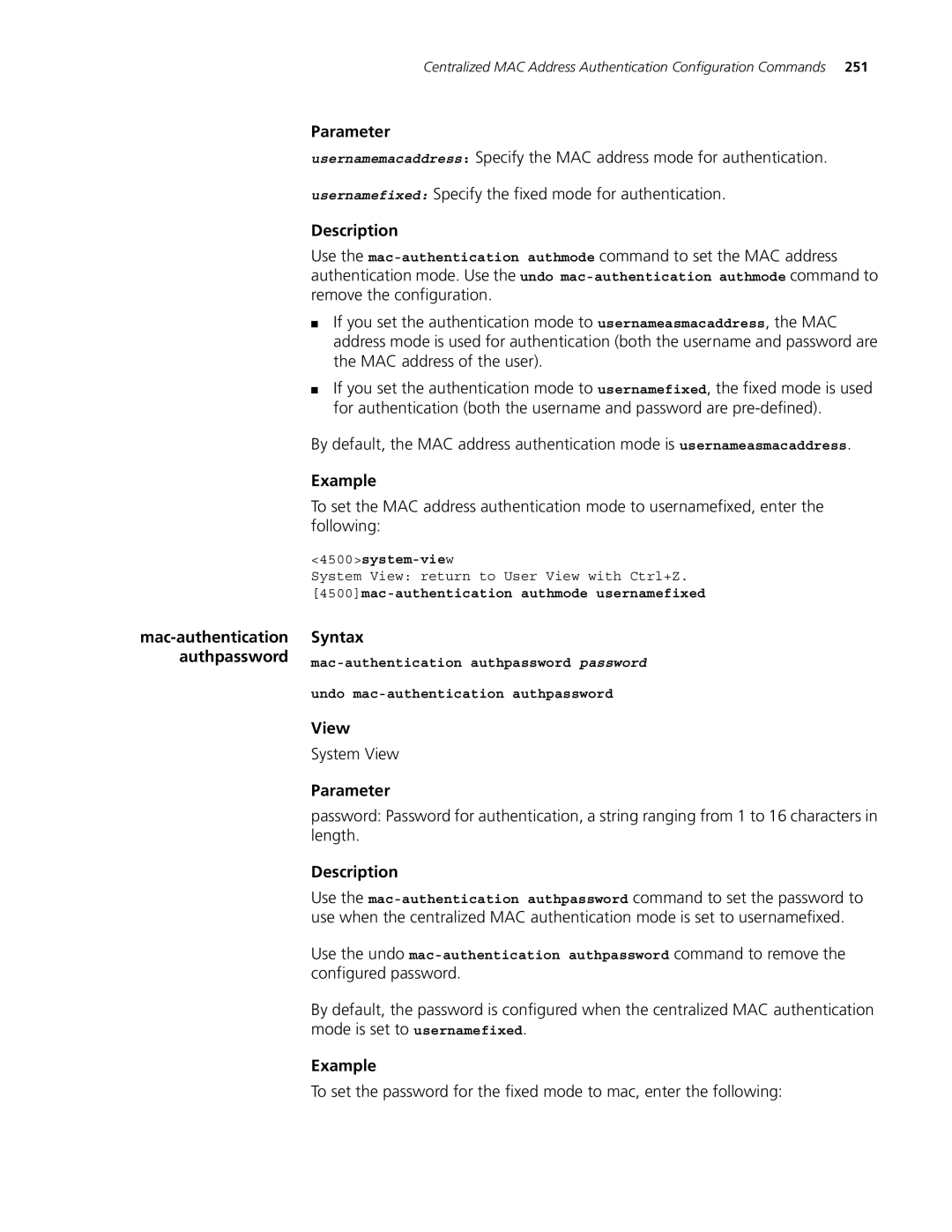 3Com 4500 PWR 26-PORT, 4500 PWR 50-PORT, 4500 50-PORT, 4500 26-PORT manual 4500mac-authentication authmode usernamefixed 