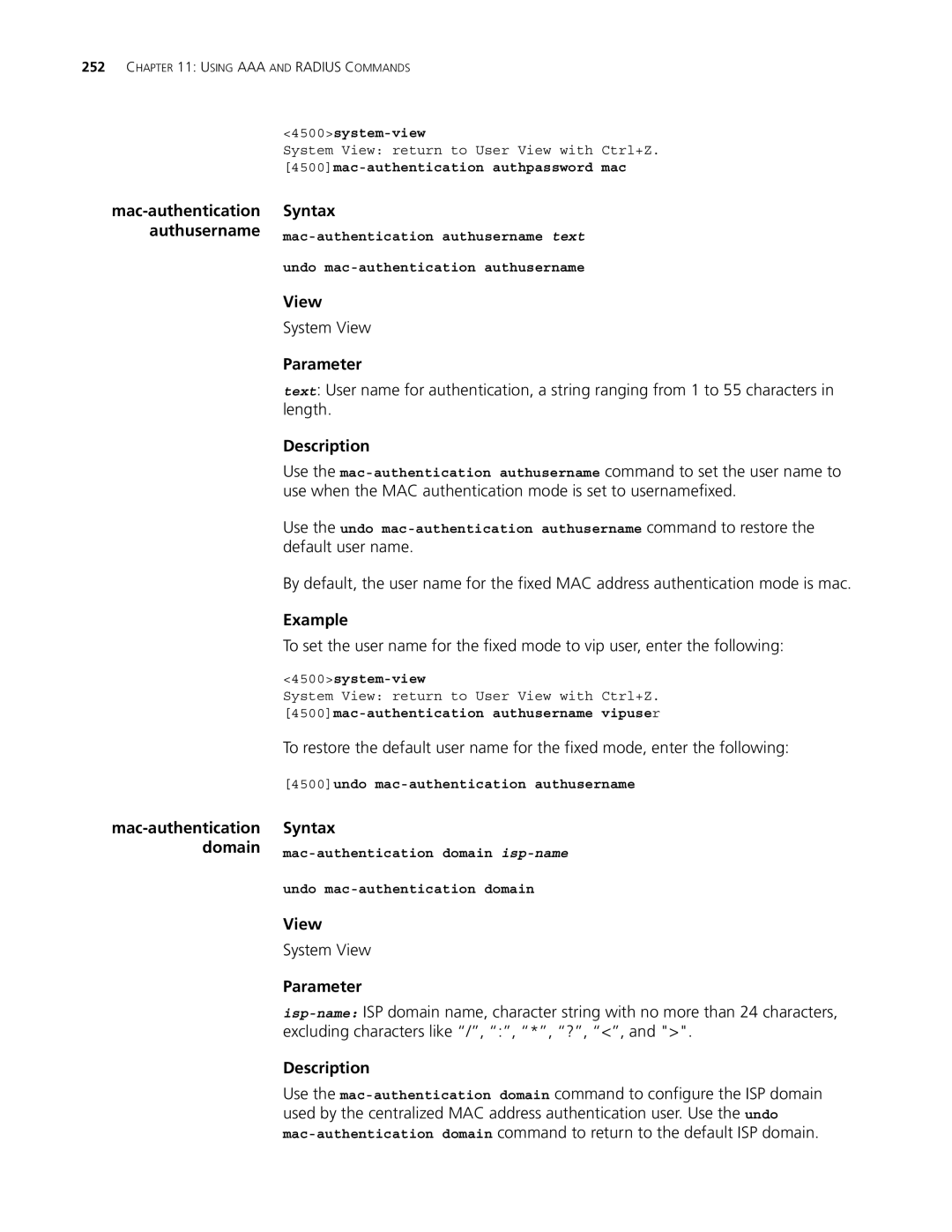 3Com 4500 50-PORT, 4500 PWR 50-PORT 4500mac-authentication authpassword mac, 4500mac-authentication authusername vipuser 