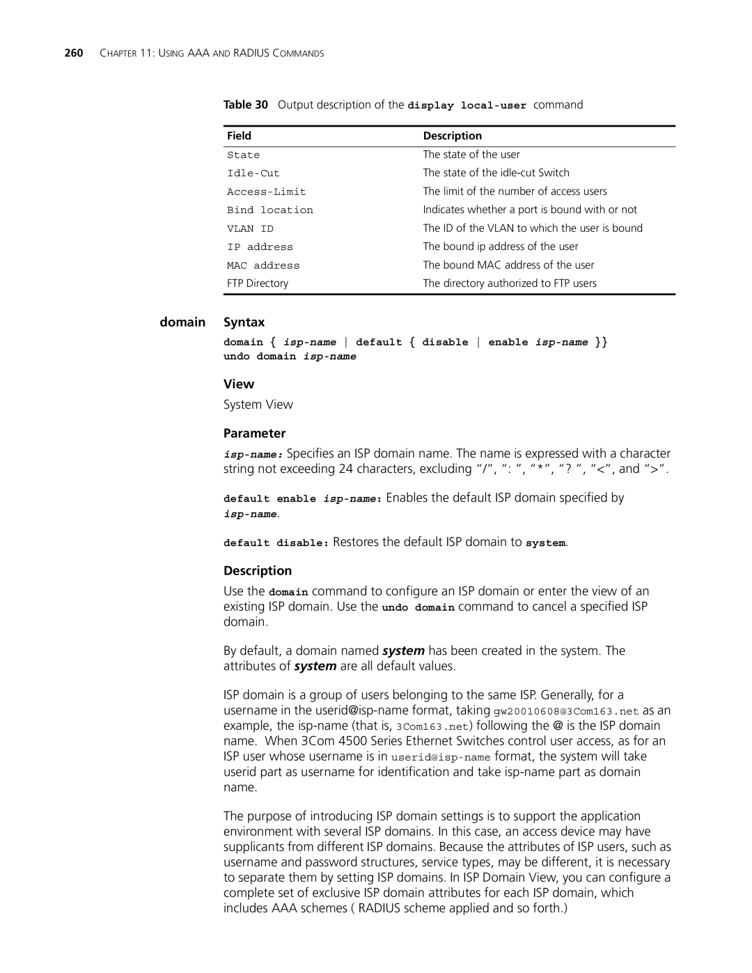 3Com 4500 50-PORT, 4500 PWR 50-PORT, 4500 PWR 26-PORT Domain Syntax, Output description of the display local-usercommand 