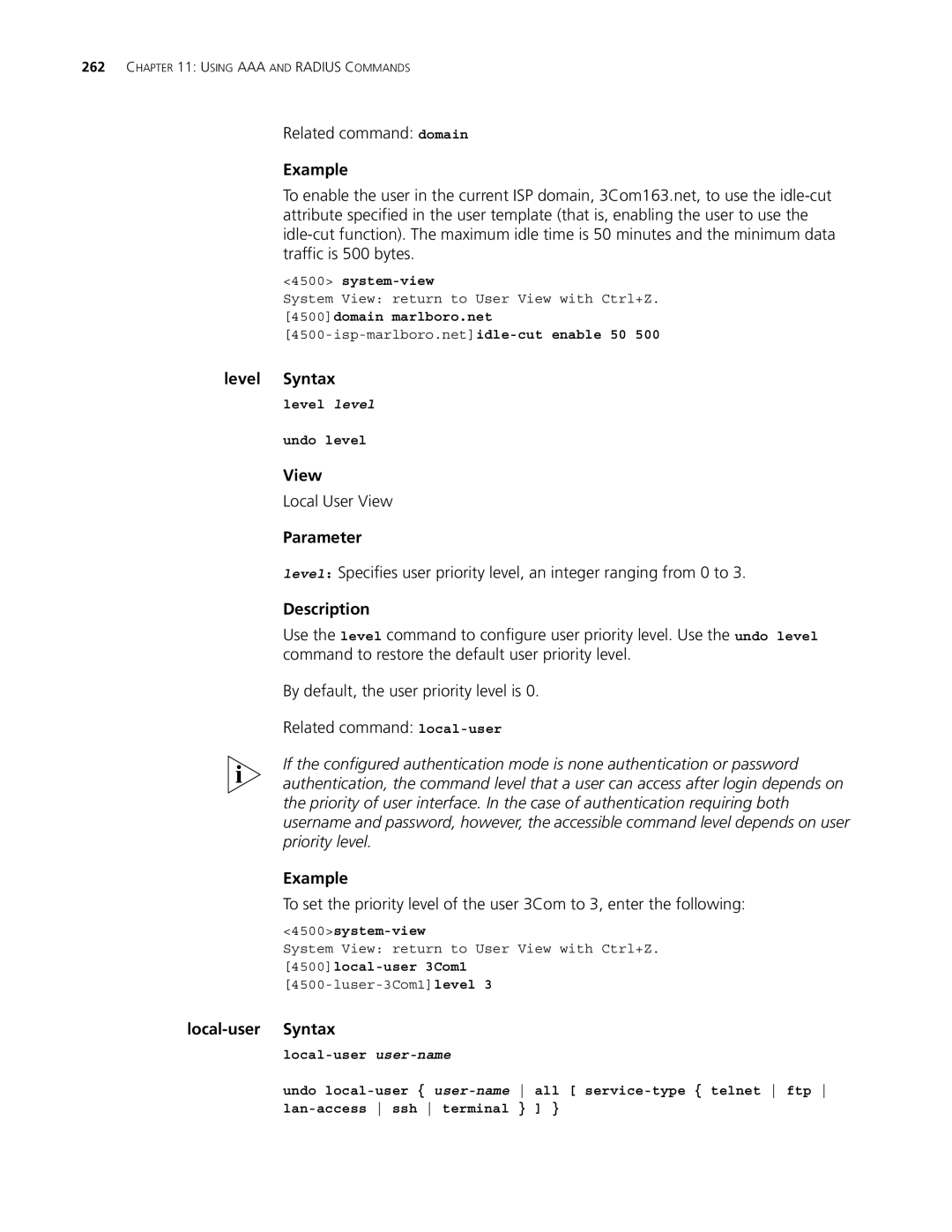 3Com 4500 PWR 50-PORT, 4500 PWR 26-PORT manual Related command domain, Level Syntax, Local User View, Local-user Syntax 