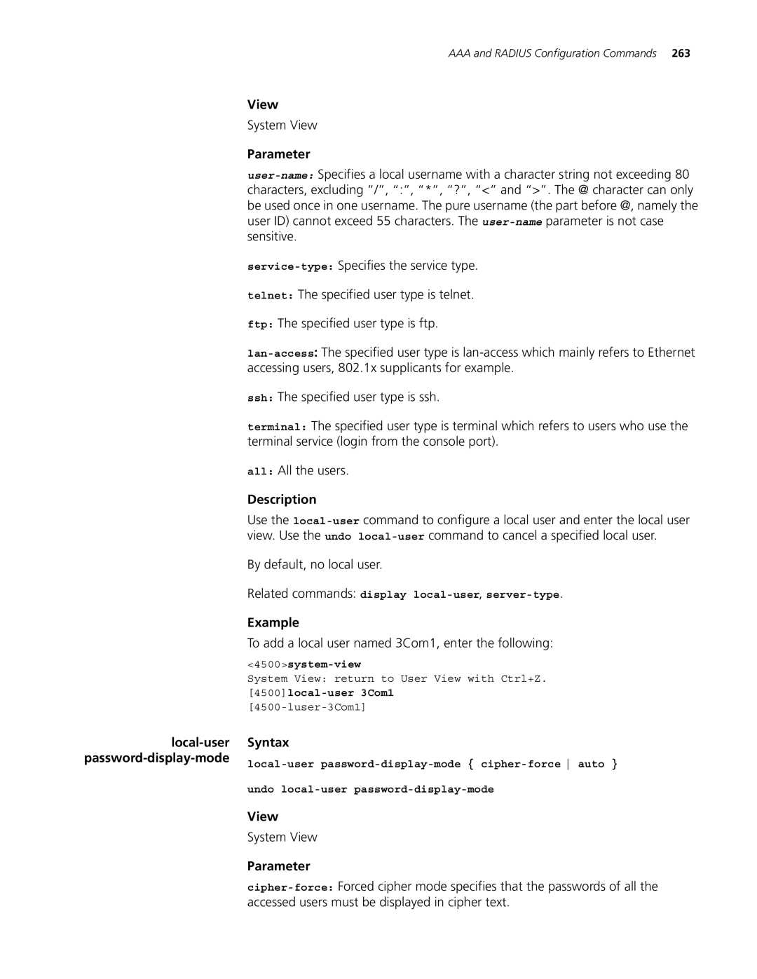 3Com 4500 PWR 26-PORT, 4500 PWR 50-PORT By default, no local user, To add a local user named 3Com1, enter the following 