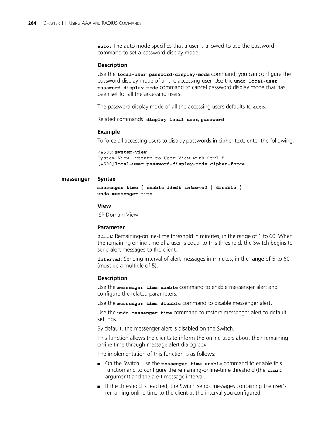 3Com 4500 50-PORT, 4500 PWR 50-PORT, 4500 PWR 26-PORT manual Messenger Syntax, Related commands display local-user,password 