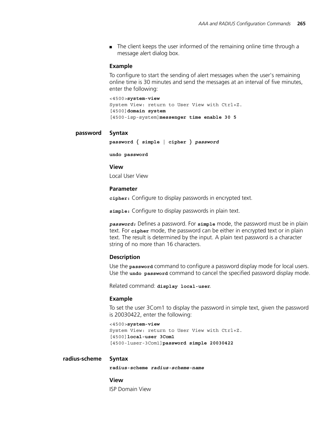 3Com 4500 26-PORT manual Password Syntax, Radius-scheme Syntax, 4500domain system Isp-systemmessenger time enable 30 