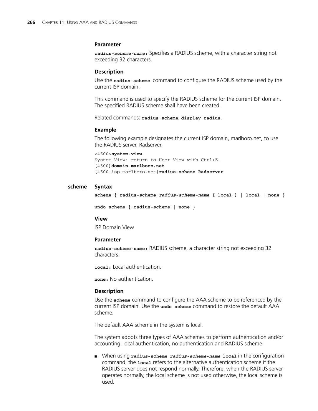 3Com 4500 PWR 50-PORT, 4500 PWR 26-PORT, 4500 50-PORT manual Scheme Syntax, Related commands radius scheme, display radius 