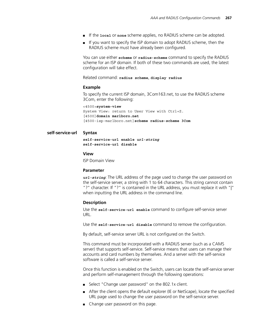 3Com 4500 PWR 26-PORT Self-service-url Syntax, Change user password on this, Related command radius scheme, display radius 