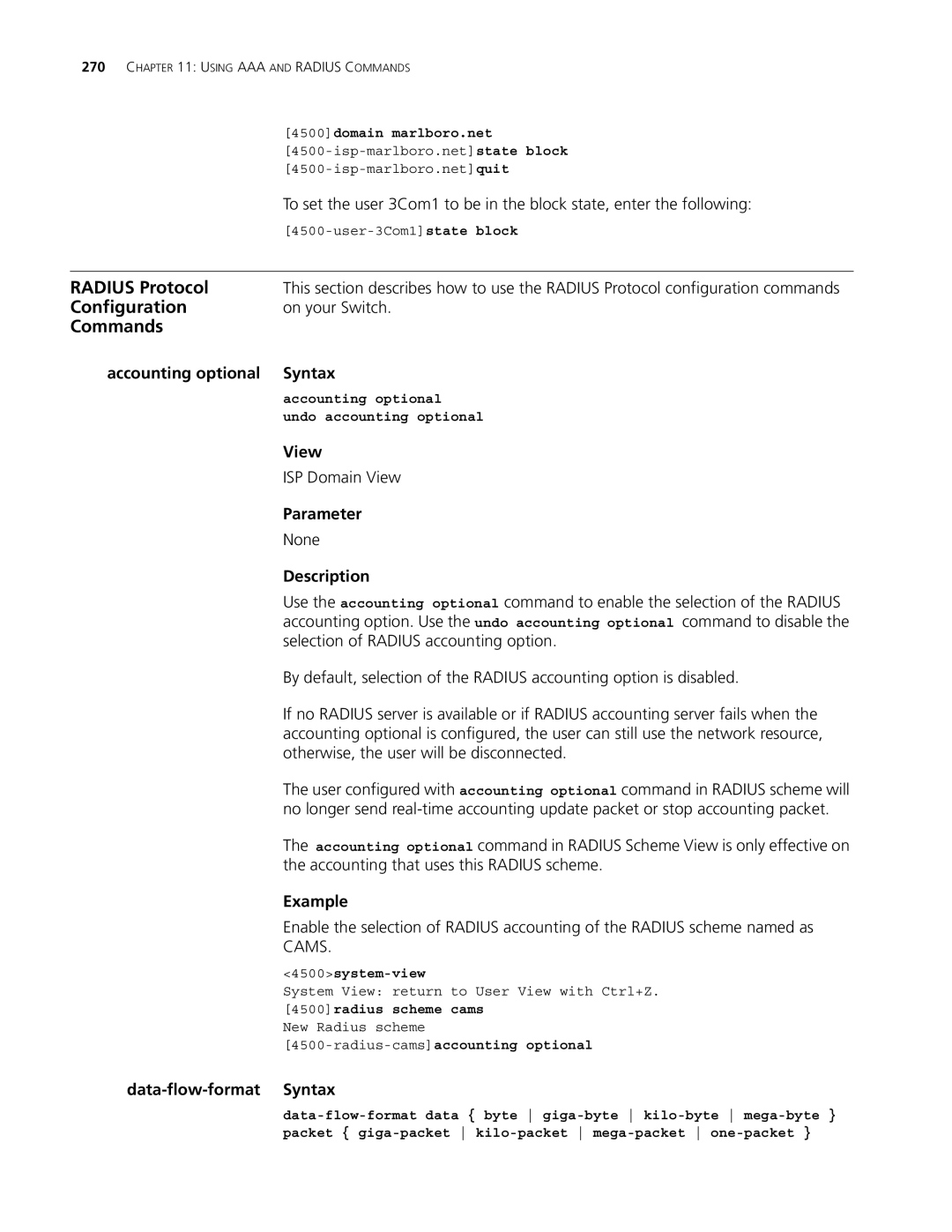 3Com 4500 PWR 50-PORT manual Accounting optional Syntax, Selection of Radius accounting option, Data-flow-format Syntax 