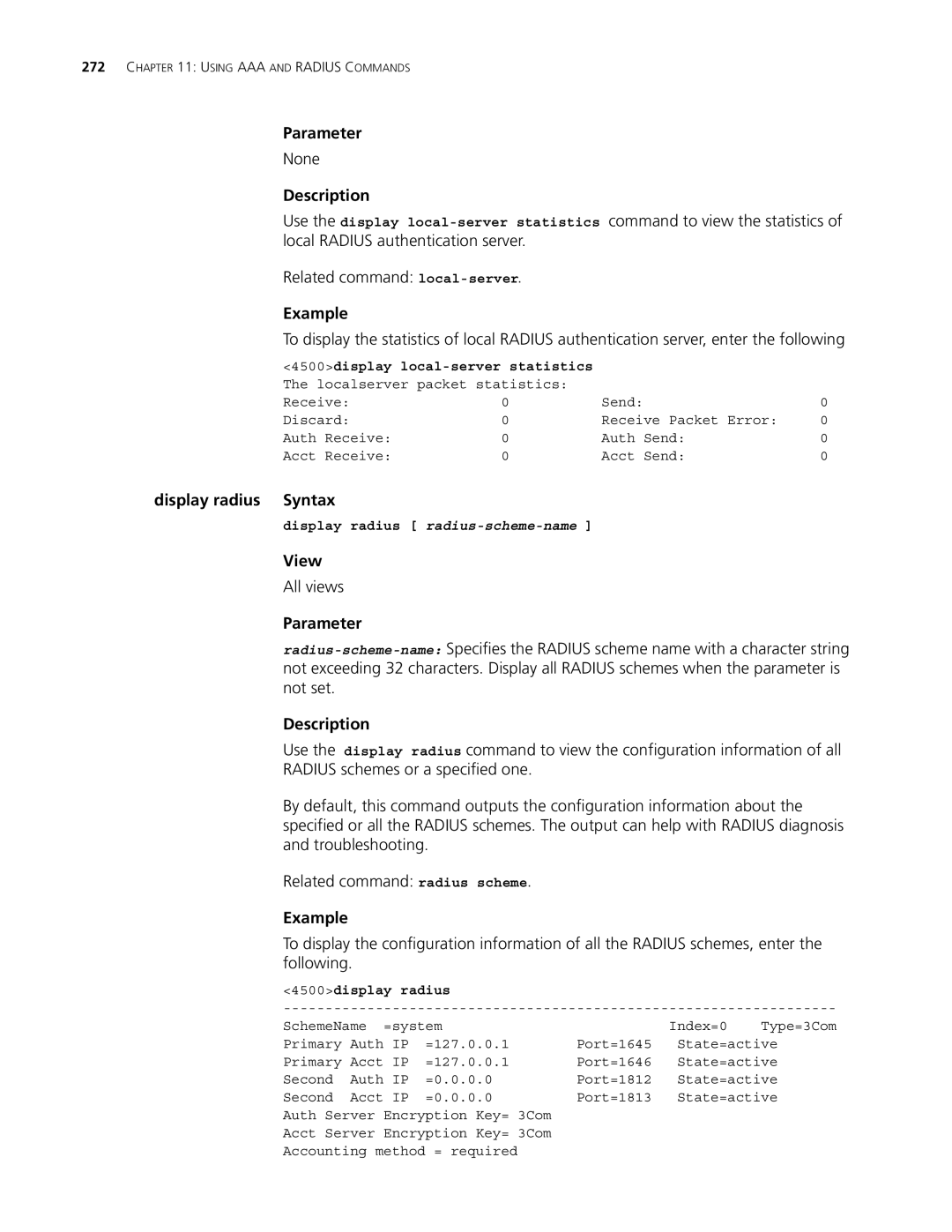 3Com 4500 50-PORT, 4500 PWR 50-PORT manual Display radius Syntax, 4500display local-server statistics, 4500display radius 